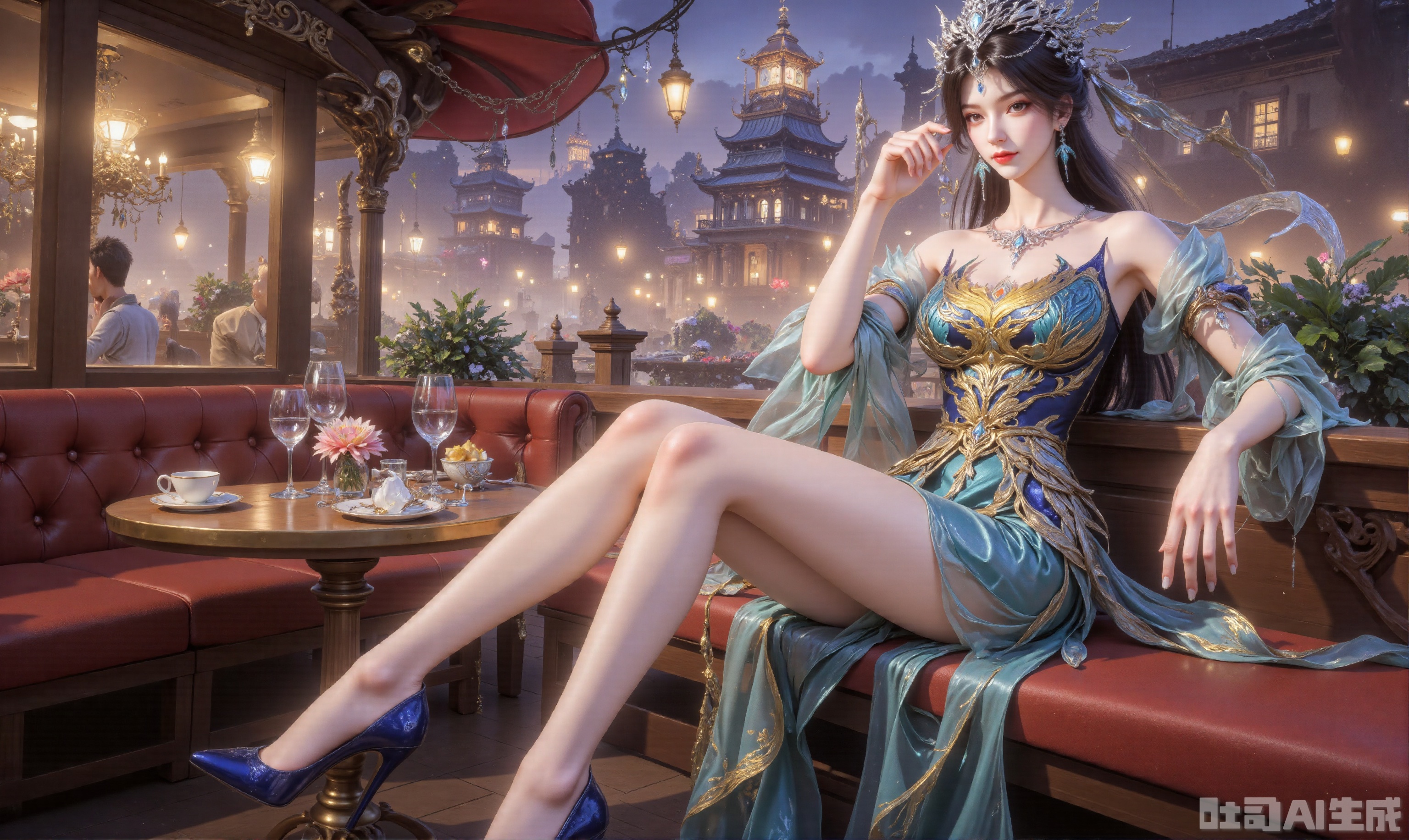 photorealistic,1girl,long hair,asian,pretty,long legs,looking away,Confident and lovely, dress,stiletto heel, breasts,large natural breast,cleavage,slim legs,gigantic_breasts,flesh colored pantyhose,glossy pantyhose,up_skirt,dark blue high heels,sitting,cafe,building,city,Romantic,close shot,full body,magnificent,masterpiece, realistic, best quality, highly detailed,plsw,lyt,(up_skirt:1.2),huge Breasts,Hair accessories