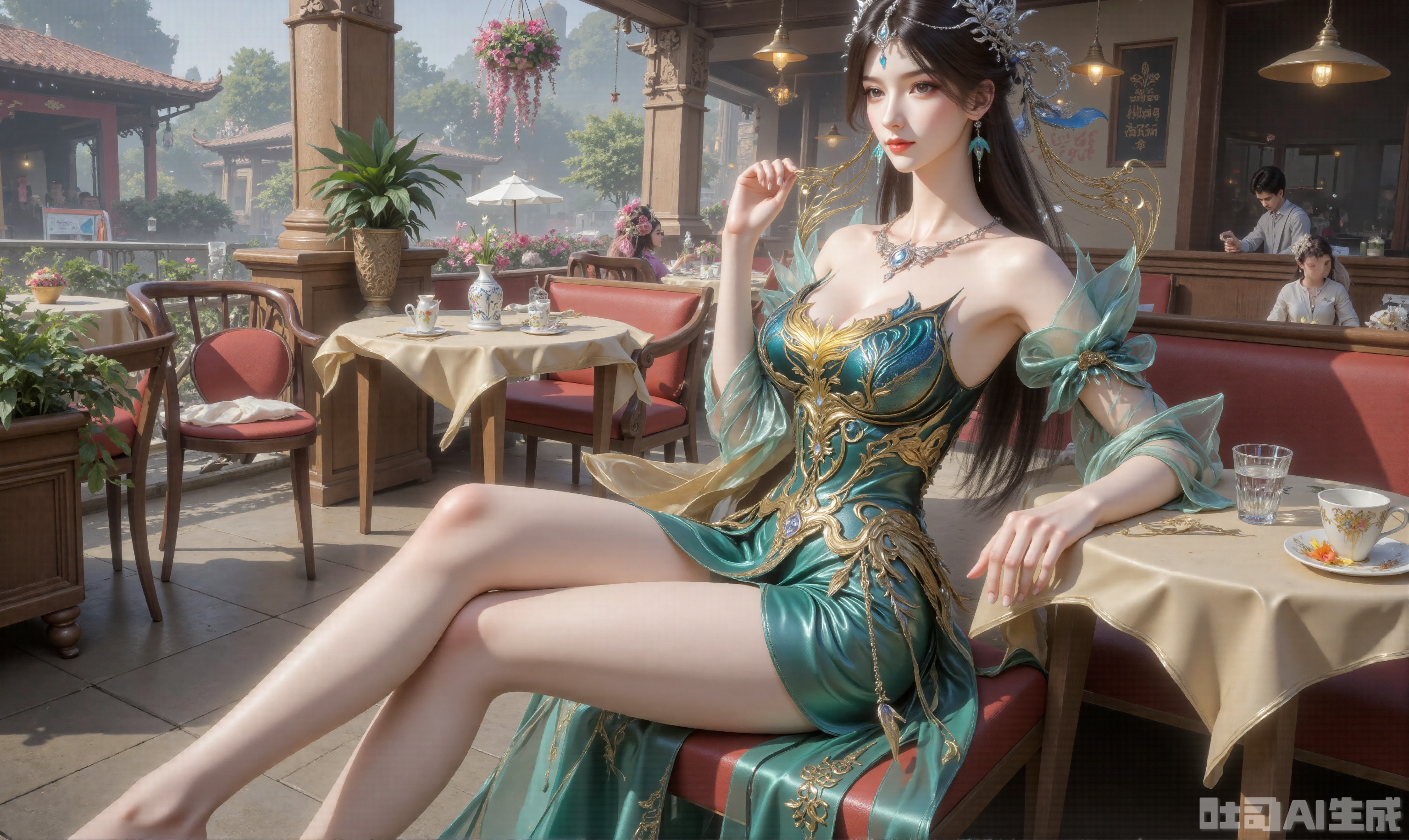 photorealistic,1girl,long hair,asian,pretty,long legs,looking away,Confident and lovely,green dress,stiletto heel, breasts,large natural breast,cleavage,slim legs,gigantic_breasts,flesh colored pantyhose,glossy pantyhose,up_skirt,green high heels,sitting,cafe,building,city,Romantic,close shot,full body,magnificent,masterpiece, realistic, best quality, highly detailed,plsw,lyt,(up_skirt:1.2),huge Breasts,Hair accessories
