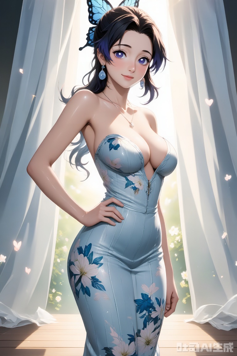 ​"An elegant digital portrait of a woman wearing a fitted light blue strapless gown adorned with intricate blue-and-white floral patterns, showcasing refined craftsmanship. Her long black hair is partially swept up in a stylish half-updo, accessorized with delicate silver jewelry including a minimalist necklace and earrings. She stands in a confident side pose with one hand resting on her hip, exuding graceful femininity. The background features sheer white curtains diffusing soft natural light, with subtle outdoor brightness peeking through to create a dreamy, ethereal atmosphere. The composition emphasizes her poised silhouette against the airy backdrop, using a soft pastel color palette to enhance the tranquil sophistication of the scene."​​

