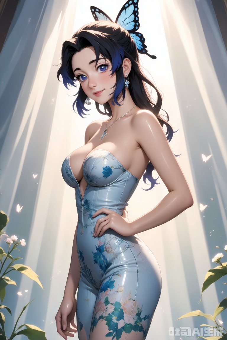 ​"An elegant digital portrait of a woman wearing a fitted light blue strapless gown adorned with intricate blue-and-white floral patterns, showcasing refined craftsmanship. Her long black hair is partially swept up in a stylish half-updo, accessorized with delicate silver jewelry including a minimalist necklace and earrings. She stands in a confident side pose with one hand resting on her hip, exuding graceful femininity. The background features sheer white curtains diffusing soft natural light, with subtle outdoor brightness peeking through to create a dreamy, ethereal atmosphere. The composition emphasizes her poised silhouette against the airy backdrop, using a soft pastel color palette to enhance the tranquil sophistication of the scene."​​

