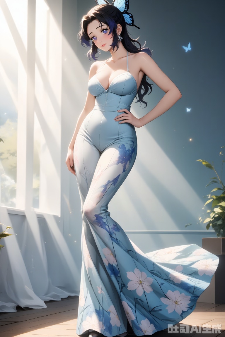​"An elegant digital portrait of a woman wearing a fitted light blue strapless gown adorned with intricate blue-and-white floral patterns, showcasing refined craftsmanship. Her long black hair is partially swept up in a stylish half-updo, accessorized with delicate silver jewelry including a minimalist necklace and earrings. She stands in a confident side pose with one hand resting on her hip, exuding graceful femininity. The background features sheer white curtains diffusing soft natural light, with subtle outdoor brightness peeking through to create a dreamy, ethereal atmosphere. The composition emphasizes her poised silhouette against the airy backdrop, using a soft pastel color palette to enhance the tranquil sophistication of the scene."​​

