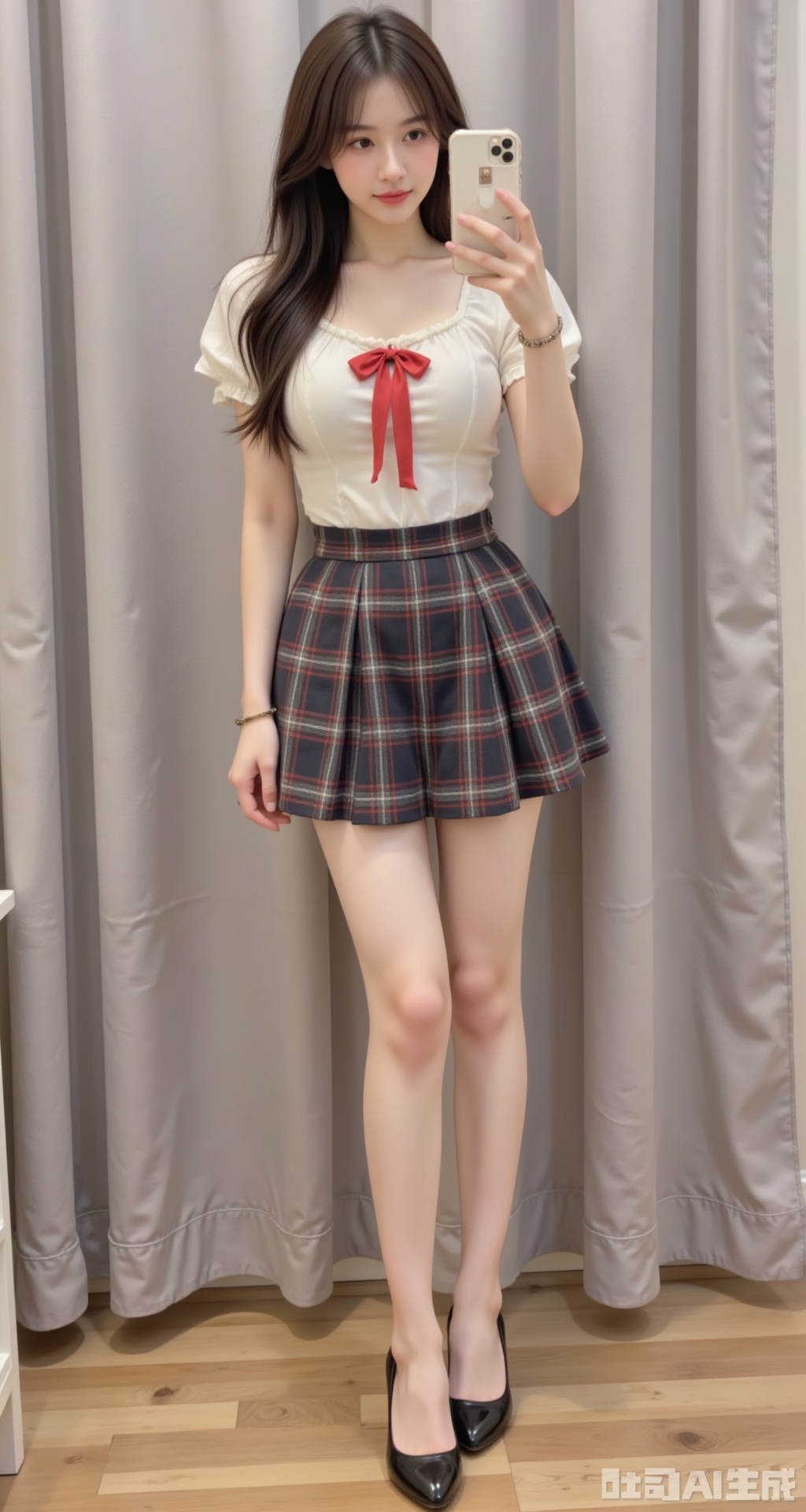 The image shows a person standing in front of a gray curtain. They are wearing a white short-sleeved blouse with a red bow at the front, a dark plaid skirt, and black high-heeled shoes. The person is holding a smartphone in their right hand, taking a selfie with their left hand. Their hair is long and dark, and they are wearing a bracelet on their left wrist. The background consists of a plain gray curtain, and the floor appears to be wooden.