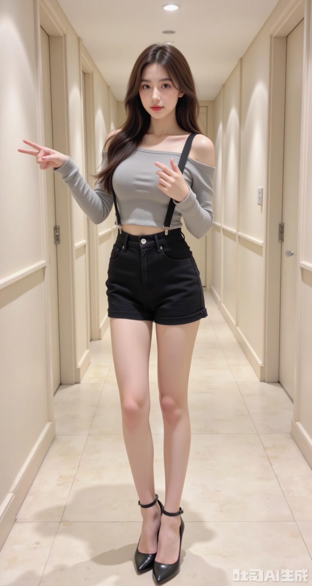 In the picture, a woman stands in a corridor with a modern minimalist design. She wore a gray short-sleeved off-shoulder top and black high-waisted suspender shorts, long legs and black stockings, and black high heels with ankle straps. Her hair was long and curly, her expression was confident, and her hands stretched forward as if she was signaling or pointing. The corridor is full of light, and the walls and doors are light in color, creating a neat and professional atmosphere.