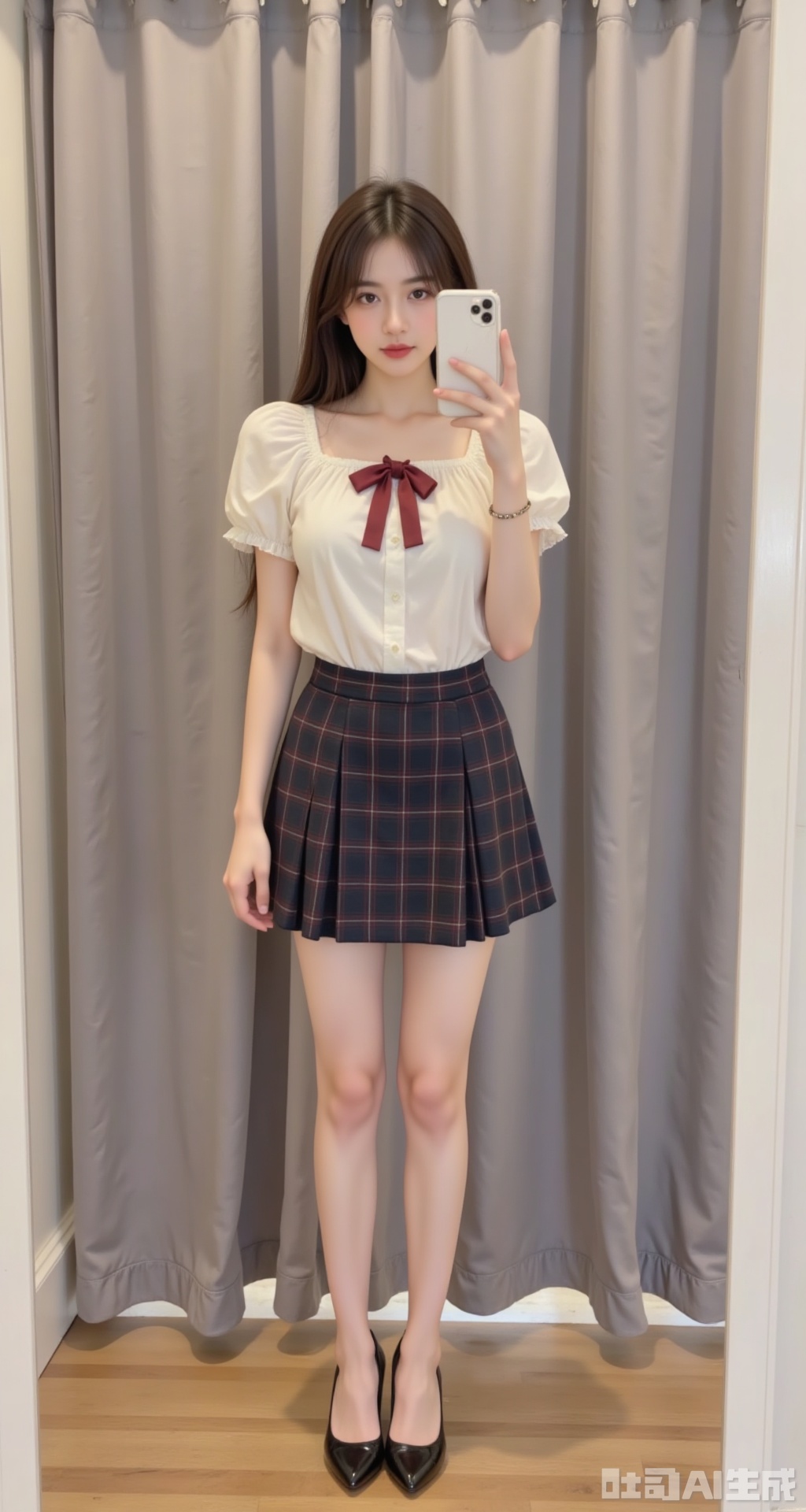 The image shows a person standing in front of a gray curtain. They are wearing a white short-sleeved blouse with a red bow at the front, a dark plaid skirt, and black high-heeled shoes. The person is holding a smartphone in their right hand, taking a selfie with their left hand. Their hair is long and dark, and they are wearing a bracelet on their left wrist. The background consists of a plain gray curtain, and the floor appears to be wooden.