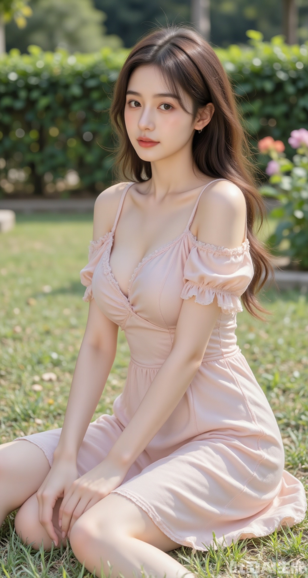 A beautiful woman in an outdoor garden, wearing a light pink silk dress, sitting on the grass with her hands in her knees, showing her soft shoulder and back proportions to her legs