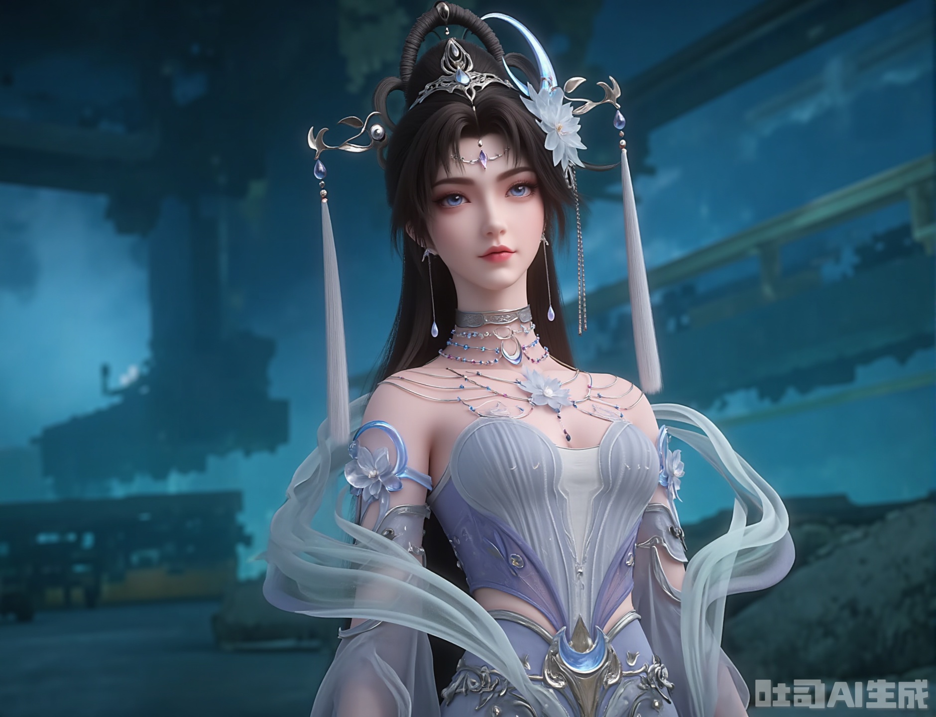 Anime-style realistic CGI depicts a beautiful Asian woman with long dark hair and delicate silver-white traditional dress decorated with floral patterns and long flowing fabrics. She stood confidently with a calm expression on the backdrop of a futuristic high-tech environment with blue and green hues. The lights are soft, highlighting her delicate features and gorgeous details of her outfit. The image is vibrant, mixing metal and organic textures to create a sharp contrast. The woman has a graceful pose, with one hand on her hip and a delicate little object in the other.