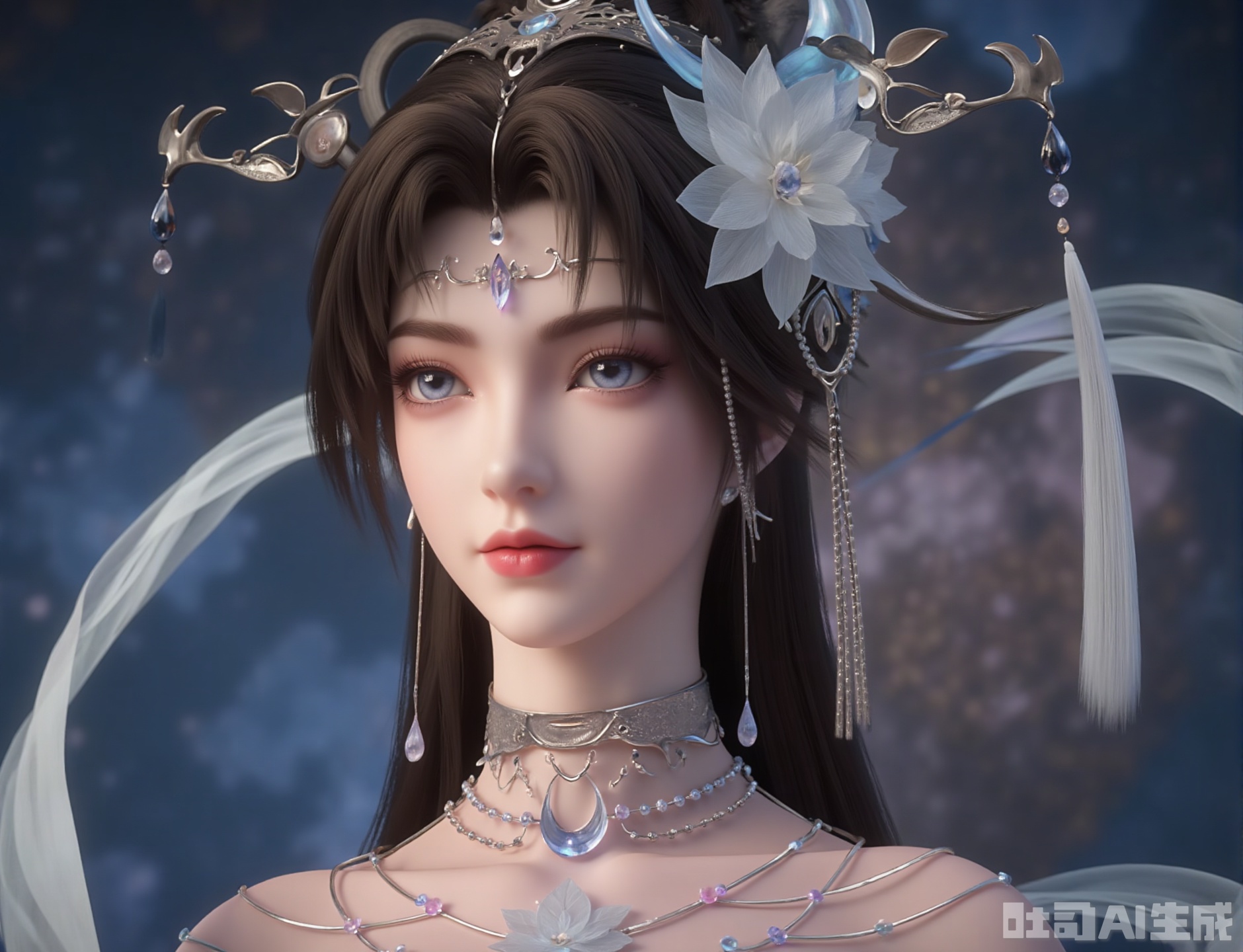 The image depicts a character with long, dark hair adorned with intricate, ornate headpieces featuring flowers and hanging tassels. The character is wearing a detailed, elegant outfit with a white, form-fitting dress that has floral and crescent moon designs on the shoulder. The character also has multiple necklaces with blue and pink gemstones. The background appears to be a blurred, colorful setting, possibly an indoor or outdoor space with soft lighting. 
