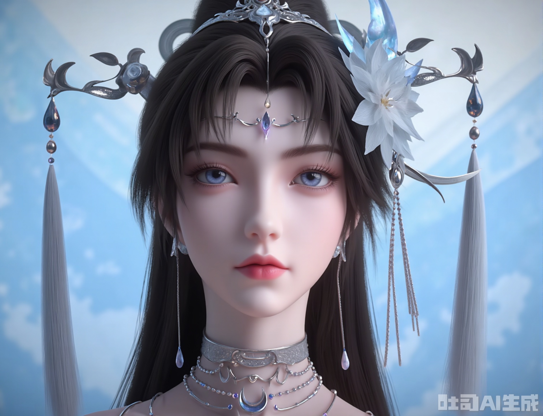 The image depicts a highly detailed and stylized character with intricate, ornate headgear adorned with silver and purple elements. The character has long, dark hair and is wearing multiple layers of silver and purple choker-like accessories. The background is a blend of soft, ethereal blue and white hues, giving a sense of a mystical or fantasy setting. The character's expression is serene and slightly melancholic, with large, expressive eyes and a subtle blush on the cheeks.