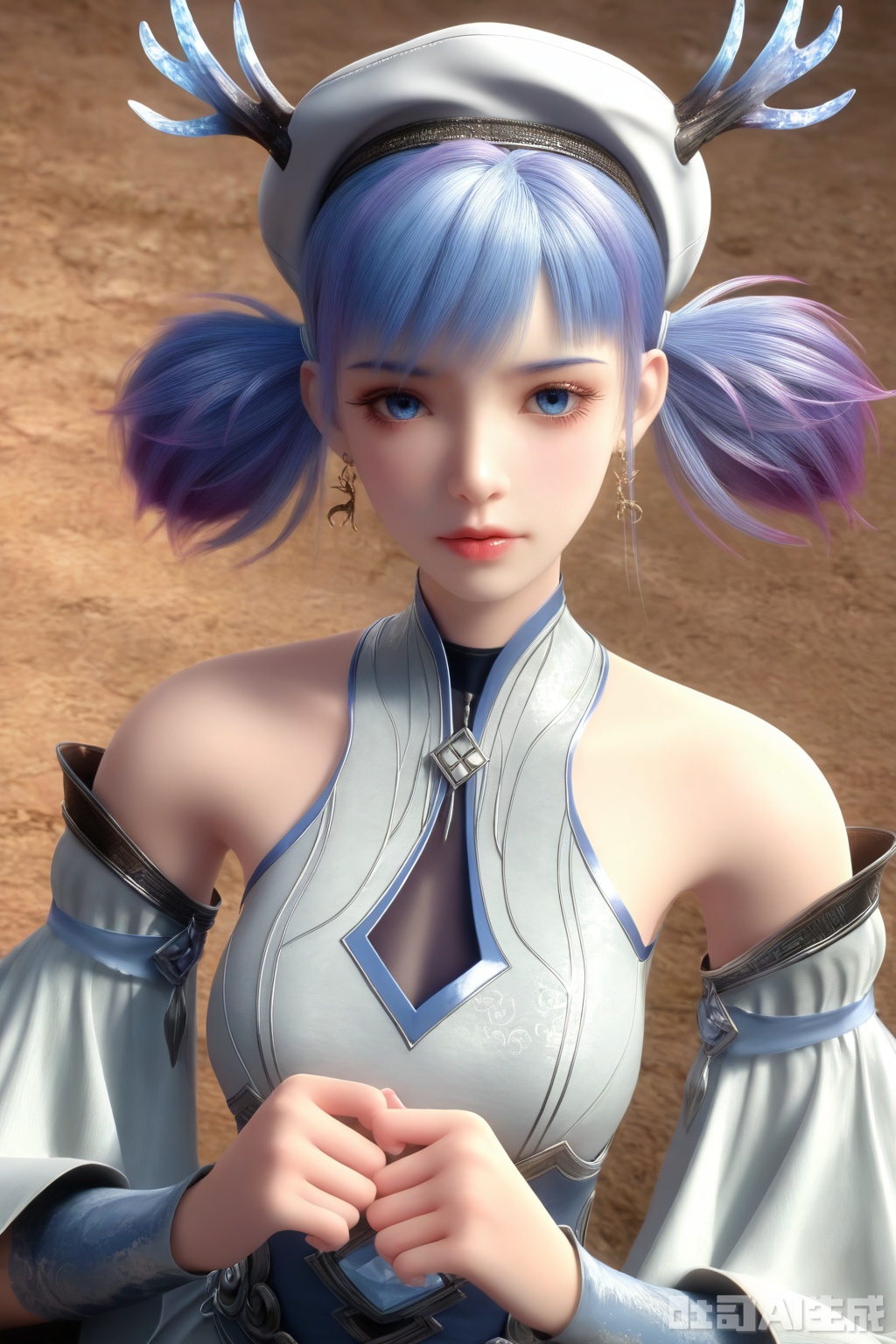 1girl, solo, blue eyes,looking_at_viewer, hat, dress, bare shoulders, jewelry, blue hair, upper body, earrings, lips, beret,hair rings, realistic,,
masterpiece, best quality, amazing quality, very aesthetic, high resolution, ultra-detailed, 3D,CG
