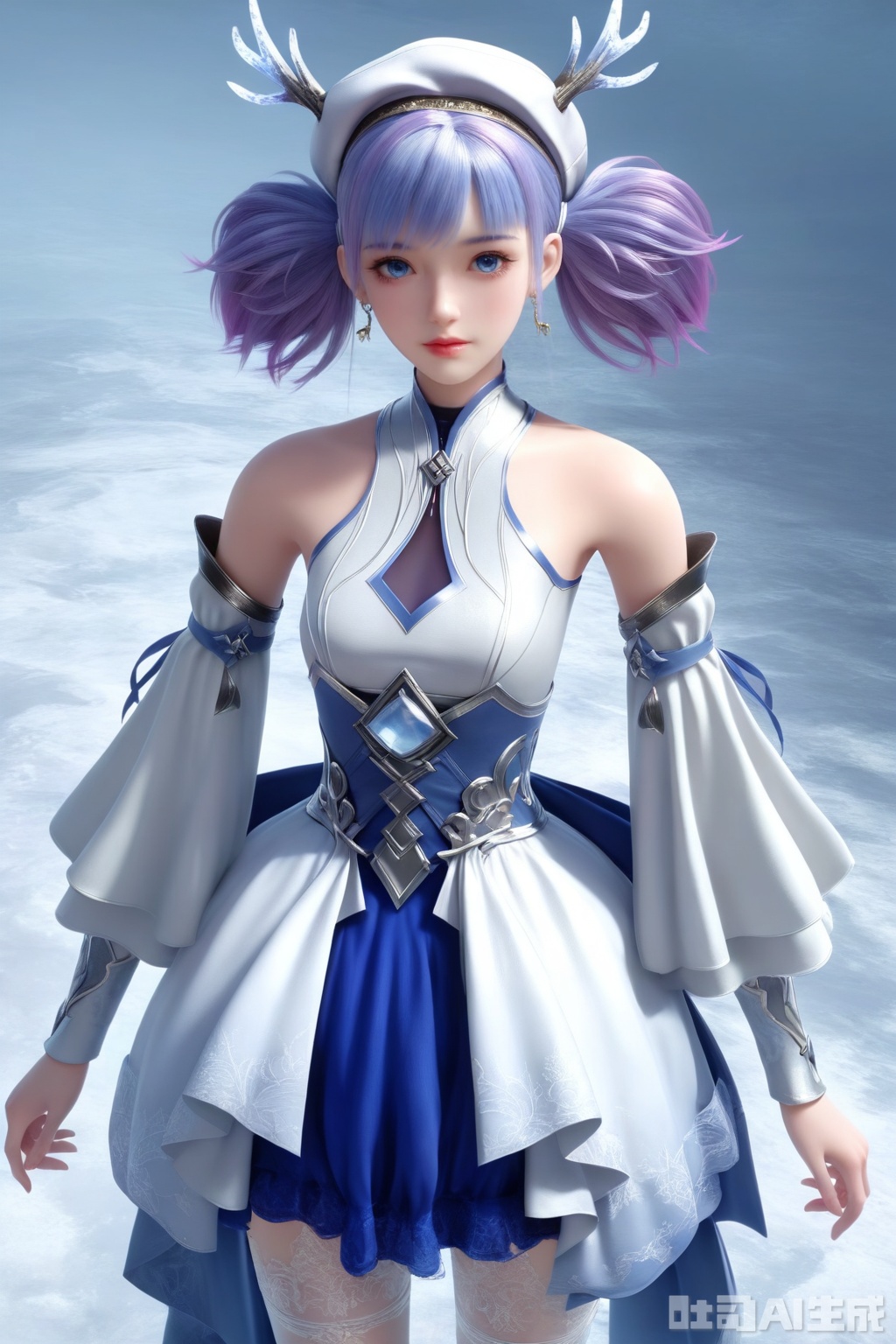 1girl, solo, breasts, looking at viewer, bangs, blue eyes, hat, dress, bare shoulders, twintails, jewelry, blue hair, upper body, purple hair, earrings, small breasts, detached sleeves, lips, beret, white headwear, full_body,White stockings,, realistic,,
masterpiece, best quality, amazing quality, very aesthetic, high resolution, ultra-detailed, 3D,CG