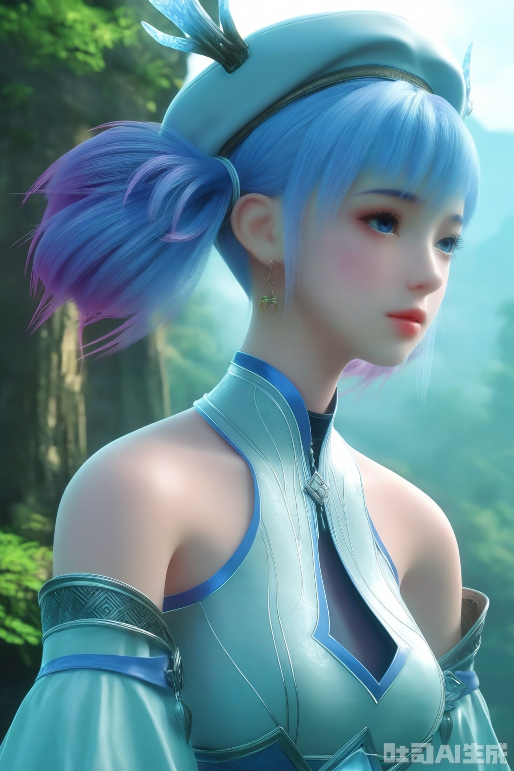 1girl, solo, blue eyes, hat, dress, bare shoulders, jewelry, blue hair, upper body, earrings, lips, beret,hair rings, realistic,,
masterpiece, best quality, amazing quality, very aesthetic, high resolution, ultra-detailed, 3D,CG