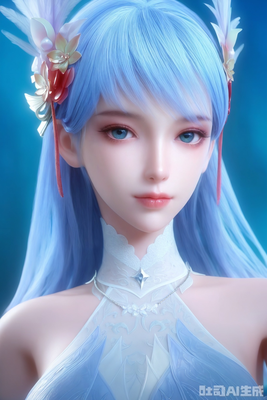 1girl, solo, long hair, looking at viewer, blue eyes, hair ornament, dress, bare shoulders, eyeshadow, blue hair, upper body, lips, realistic,
masterpiece, best quality, amazing quality, very aesthetic, high resolution, ultra-detailed, 3D,CG
