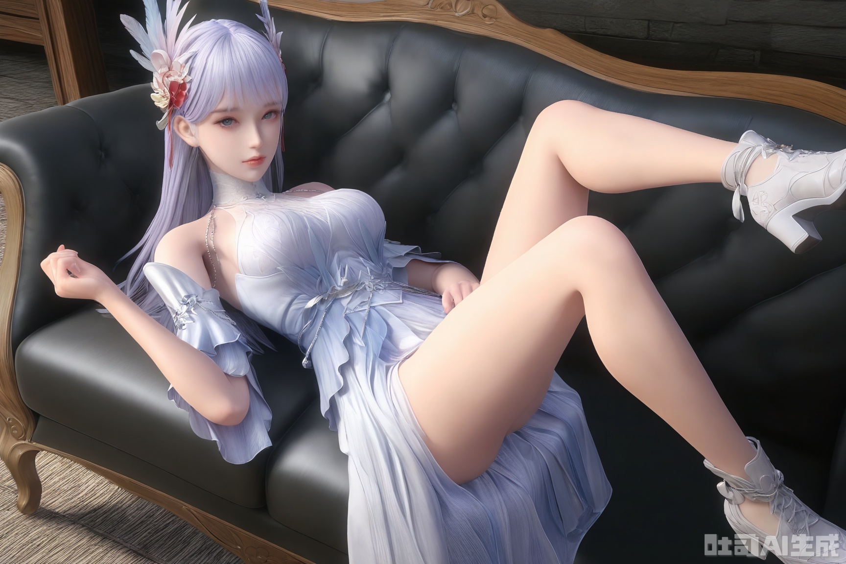 1girl, solo, long hair, breasts, looking at viewer, bangs, hair ornament, dress, bare shoulders, detached sleeves, white dress, lying, shoes, on back, white footwear, couch,
masterpiece, best quality, amazing quality, very aesthetic, high resolution, ultra-detailed, 3D,CG
