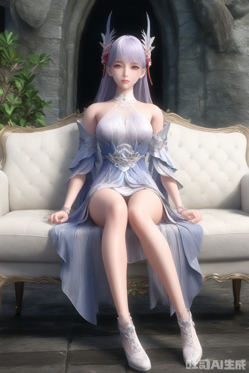 1girl, solo, long hair, breasts, looking at viewer, bangs, hair ornament, dress, bare shoulders, detached sleeves, white dress, sitting, shoes, full_body, white footwear, couch,
masterpiece, best quality, amazing quality, very aesthetic, high resolution, ultra-detailed, 3D,CG