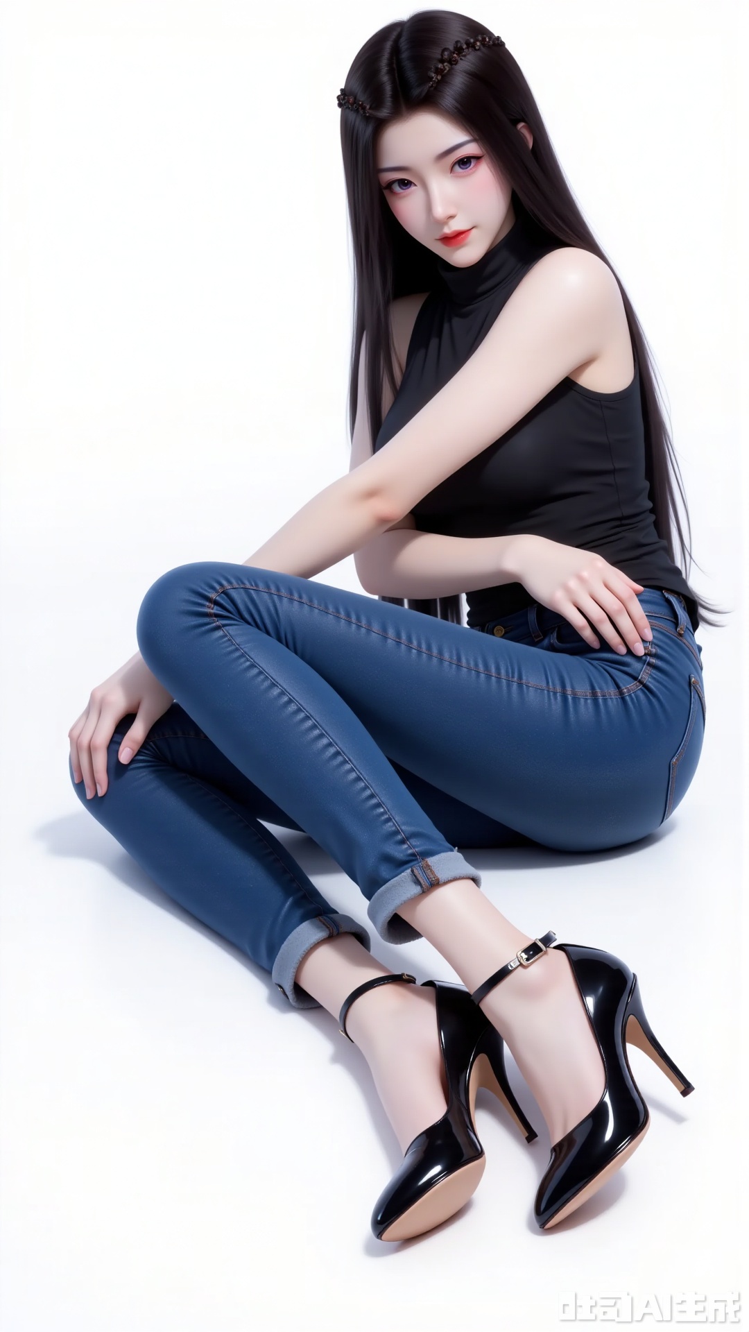 1girl

solo

long hair

breasts

looking at viewer

large breasts

shirt

black hair

bare shoulders

sitting

closed mouth

full body

sleeveless

pants

nail polish

black footwear

high heels

lips

black shirt

sleeveless shirt

makeup

shadow

turtleneck

arm support

denim

lipstick

jeans

blue pants

red lips

yuanyao