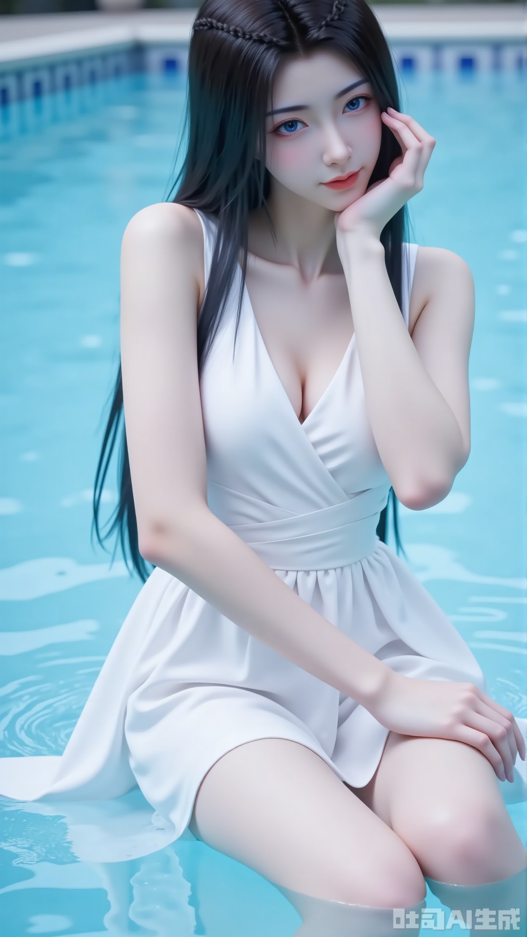 
1girl

solo

long hair

breasts

looking at viewer

smile

blue eyes

black hair

dress

cleavage

medium breasts

sitting

closed mouth

barefoot

sleeveless

water

white dress

blurry

lips

bare legs

sleeveless dress

blurry background

hand on own face

head rest

realistic

hand on own cheek

pool

yuanyao