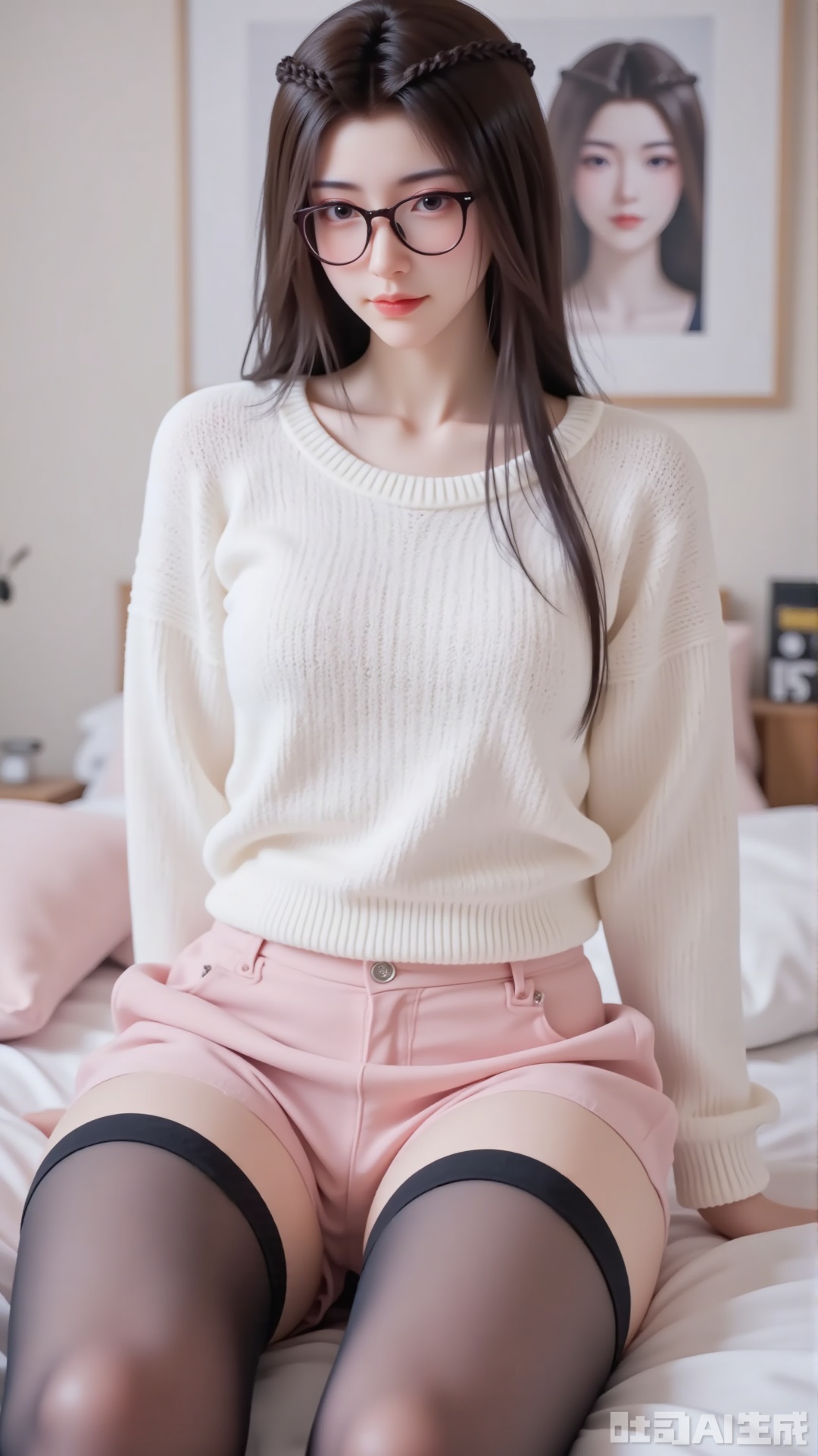 
1girl

solo

long hair

breasts

looking at viewer

brown hair

black hair

thighhighs

long sleeves

sitting

closed mouth

glasses

shorts

black thighhighs

indoors

black eyes

sweater

lips

pillow

bed

on bed

pink skirt

realistic

white sweater

pink shorts

yuanyao