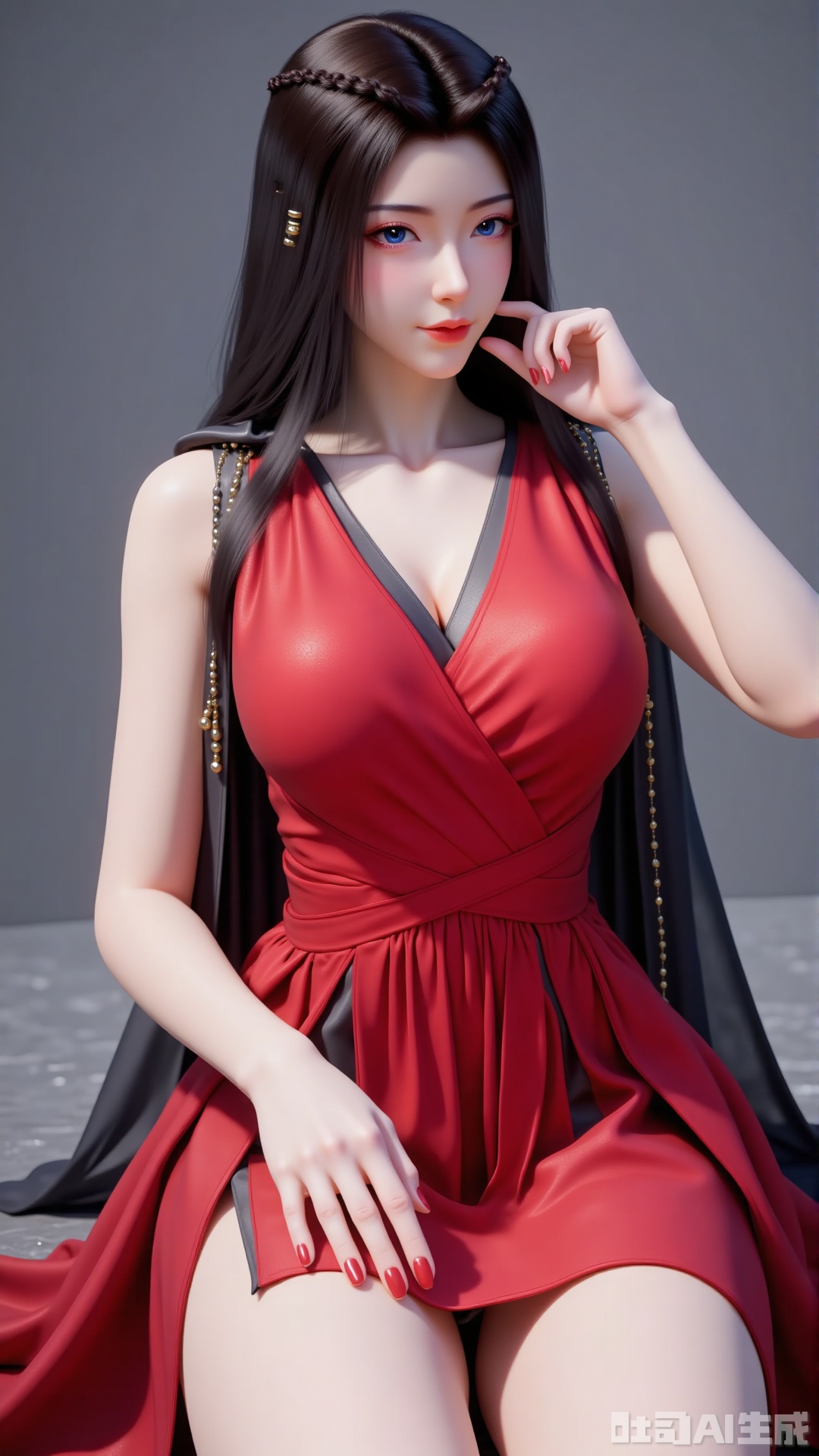 
1girl

solo

long hair

breasts

looking at viewer

blue eyes

large breasts

black hair

dress

cleavage

bare shoulders

sitting

thighs

sleeveless

bare legs

red dress

pale skin

red nails

yuanyao