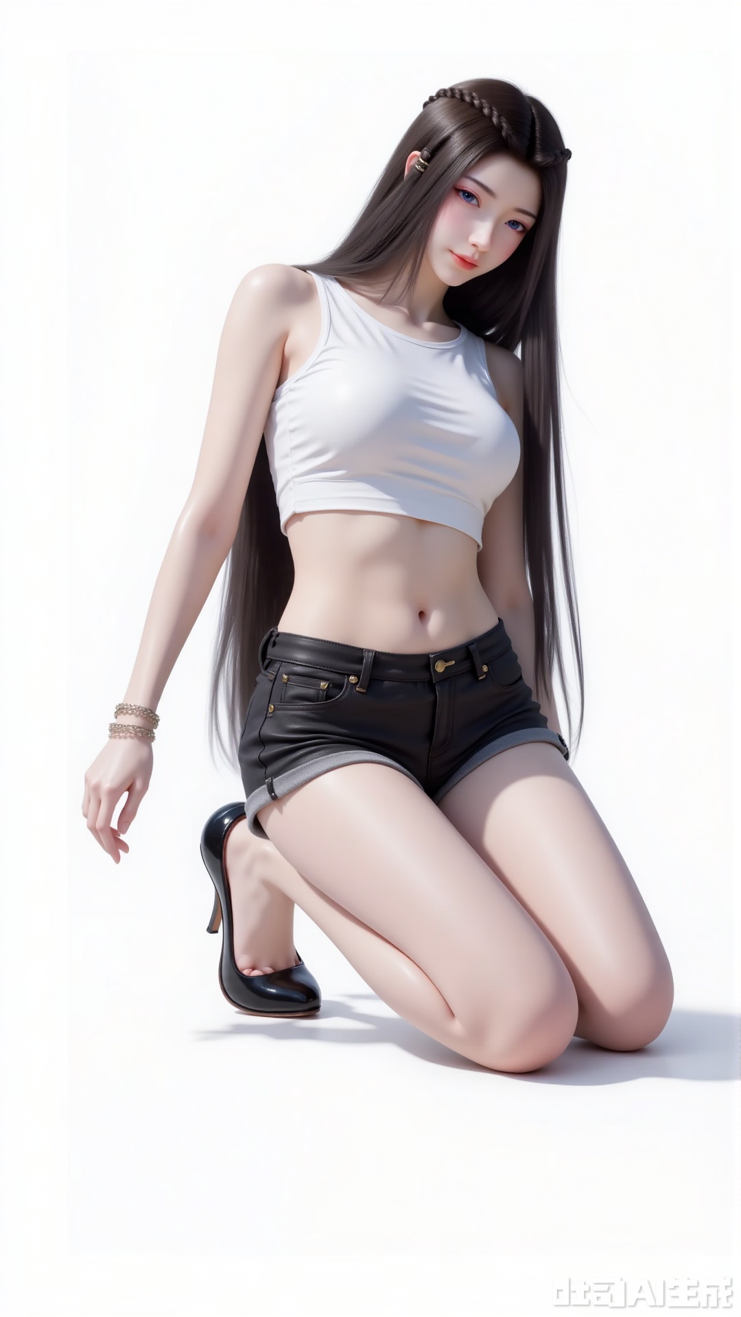 
1girl

solo

long hair

breasts

looking at viewer

smile

blue eyes

large breasts

simple background

shirt

black hair

hair ornament

white background

navel

bare shoulders

jewelry

closed mouth

full body

braid

thighs

shorts

sleeveless

midriff

stomach

black footwear

high heels

bracelet

lips

crop top

bare arms

black shirt

short shorts

bare legs

kneeling

sleeveless shirt

denim

denim shorts

taut clothes

cutoffs

yuanyao