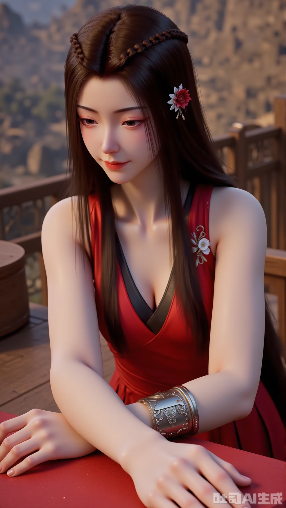 
1girl

solo

long hair

brown hair

black hair

hair ornament

dress

sitting

upper body

flower

sleeveless

looking down

red dress

table

armlet

yuanyao