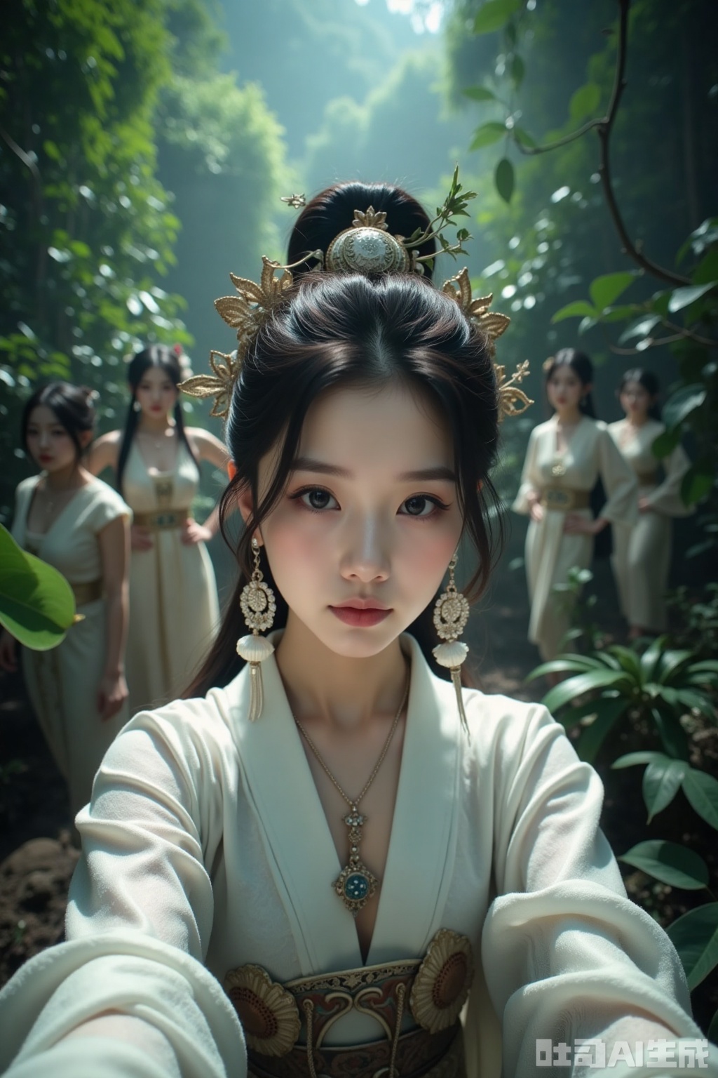 Realistic photos, a young woman with fashionable hairstyle, fair skin, headdress, earrings, necklace, Hanfu, upper body, ancient jungle, selfie perspective, behind her, 4 female ghosts, cultivating immortals, fantasy,