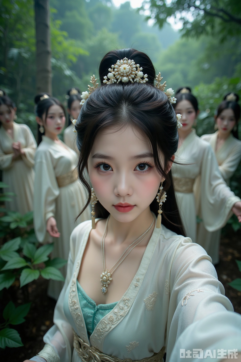 Realistic photos, a young woman with fashionable hairstyle, fair skin, headdress, earrings, necklace, Hanfu, upper body, ancient jungle, selfie perspective, behind her, 4 female ghosts, cultivating immortals, fantasy,