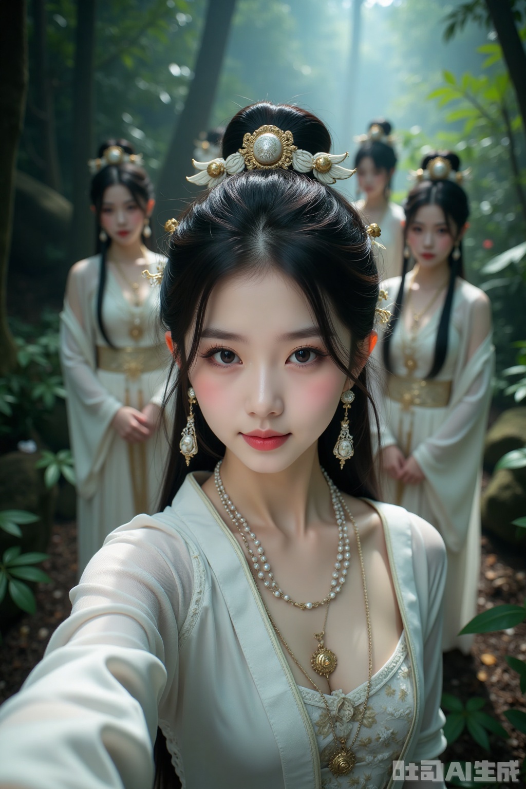 Realistic photos, a young woman with fashionable hairstyle, fair skin, headdress, earrings, necklace, Hanfu, upper body, ancient jungle, selfie perspective, behind her, 4 female ghosts, cultivating immortals, fantasy,