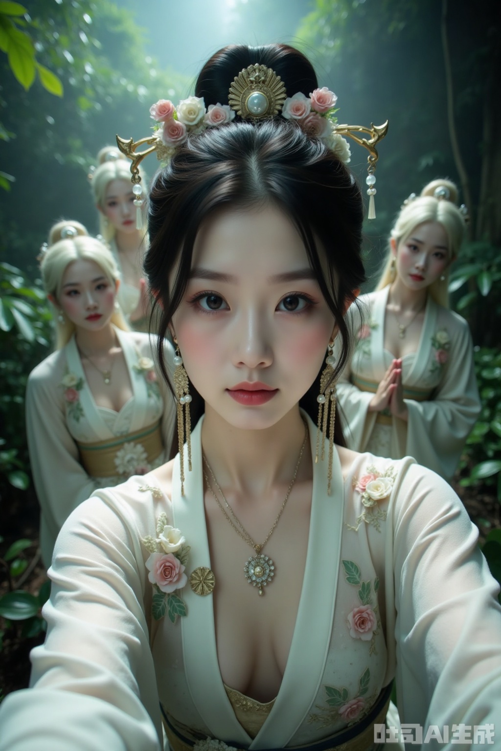 Realistic photos, a young woman with fashionable hairstyle, fair skin, headdress, earrings, necklace, Hanfu, upper body, ancient jungle, selfie perspective, behind her, 4 female ghosts, cultivating immortals, fantasy,