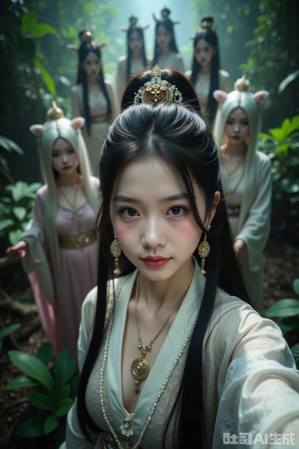 Realistic photos, a young woman with fashionable hairstyle, fair skin, headdress, earrings, necklace, Hanfu, upper body, ancient jungle, selfie perspective, behind her, 4 female ghosts, cultivating immortals, fantasy,