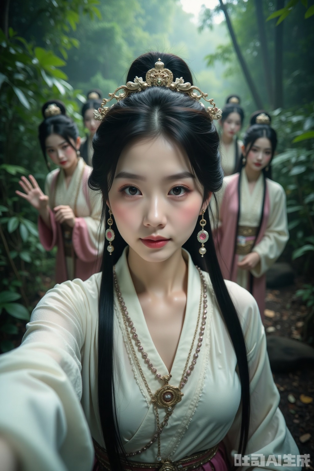Realistic photos, a young woman with fashionable hairstyle, fair skin, headdress, earrings, necklace, Hanfu, upper body, ancient jungle, selfie perspective, behind her, 4 female ghosts, cultivating immortals, fantasy,