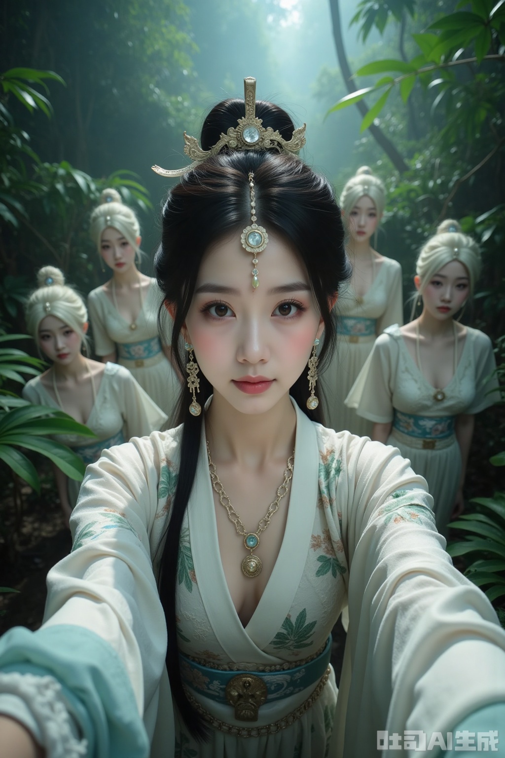 Realistic photos, a young woman with fashionable hairstyle, fair skin, headdress, earrings, necklace, Hanfu, upper body, ancient jungle, selfie perspective, behind her, 4 female ghosts, cultivating immortals, fantasy,