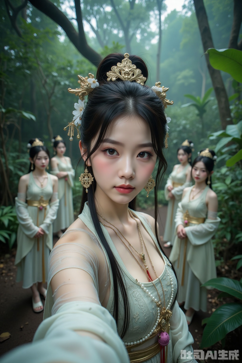 Realistic photos, a young woman with fashionable hairstyle, fair skin, headdress, earrings, necklace, Hanfu, upper body, ancient jungle, selfie perspective, behind her, 4 female ghosts, cultivating immortals, fantasy,