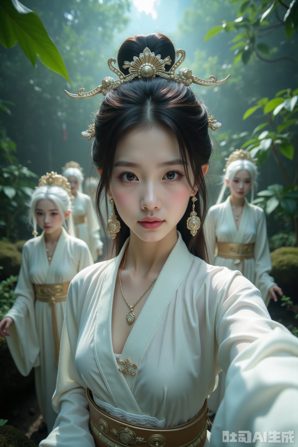 Realistic photos, a young woman with fashionable hairstyle, fair skin, headdress, earrings, necklace, Hanfu, upper body, ancient jungle, selfie perspective, behind her, 4 female ghosts, cultivating immortals, fantasy,