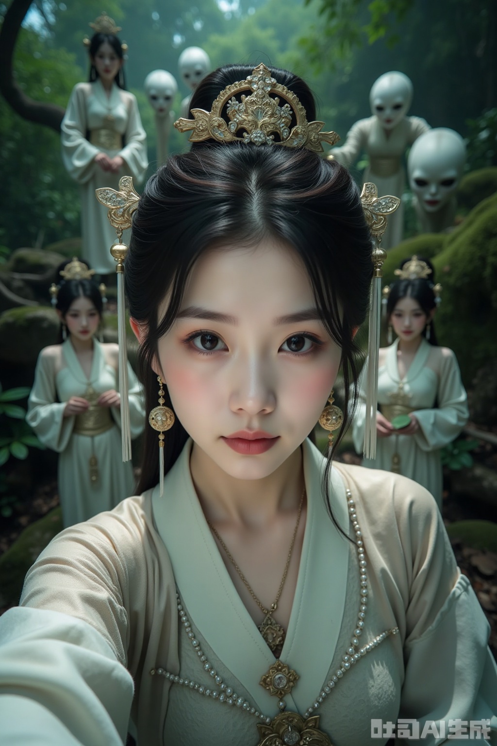Realistic photos, a young woman with fashionable hairstyle, fair skin, headdress, earrings, necklace, Hanfu, upper body, ancient jungle, selfie perspective, behind her, 4 female ghosts, cultivating immortals, fantasy,