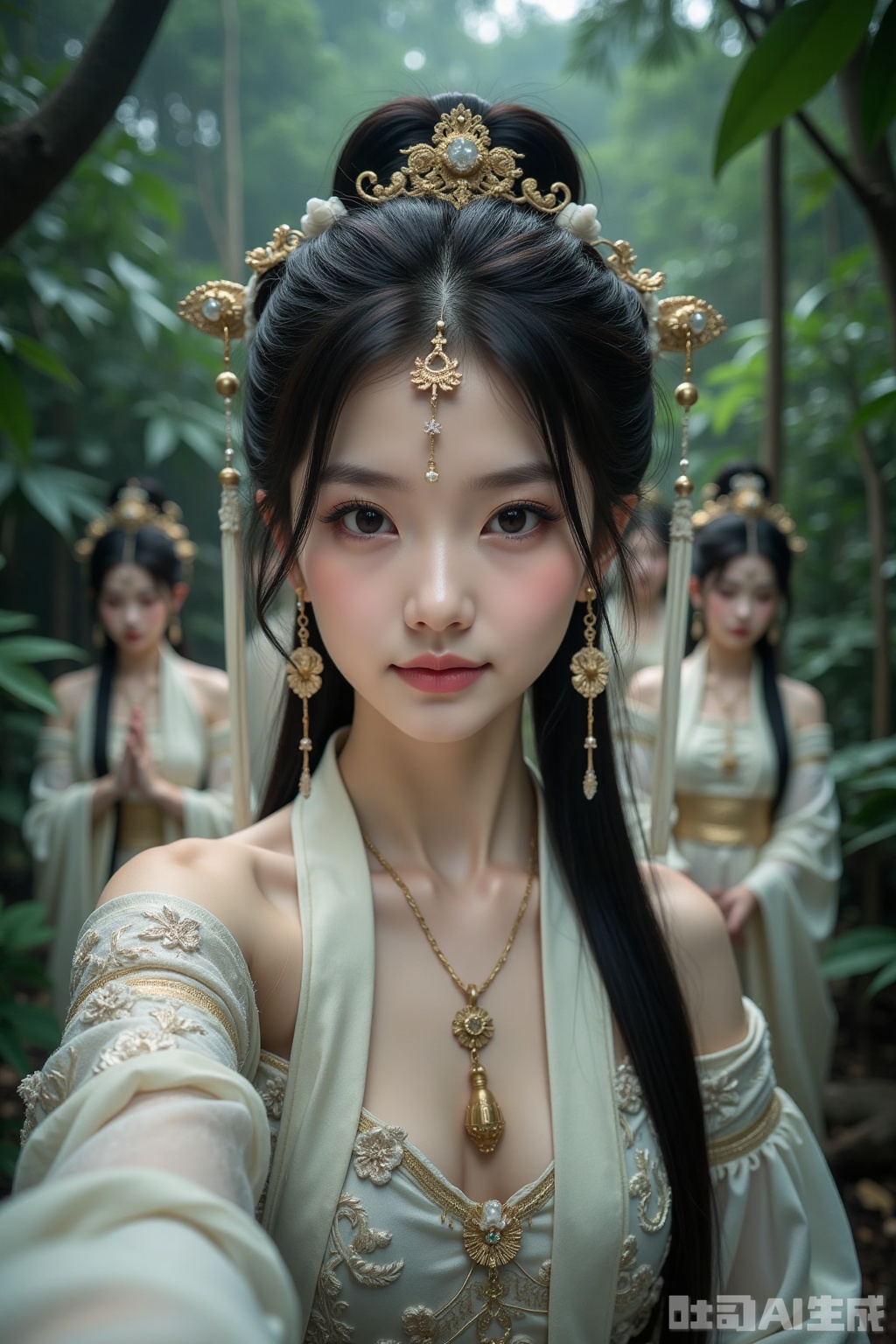 Realistic photos, a young woman with fashionable hairstyle, fair skin, headdress, earrings, necklace, Hanfu, upper body, ancient jungle, selfie perspective, behind her, 4 female ghosts, cultivating immortals, fantasy,