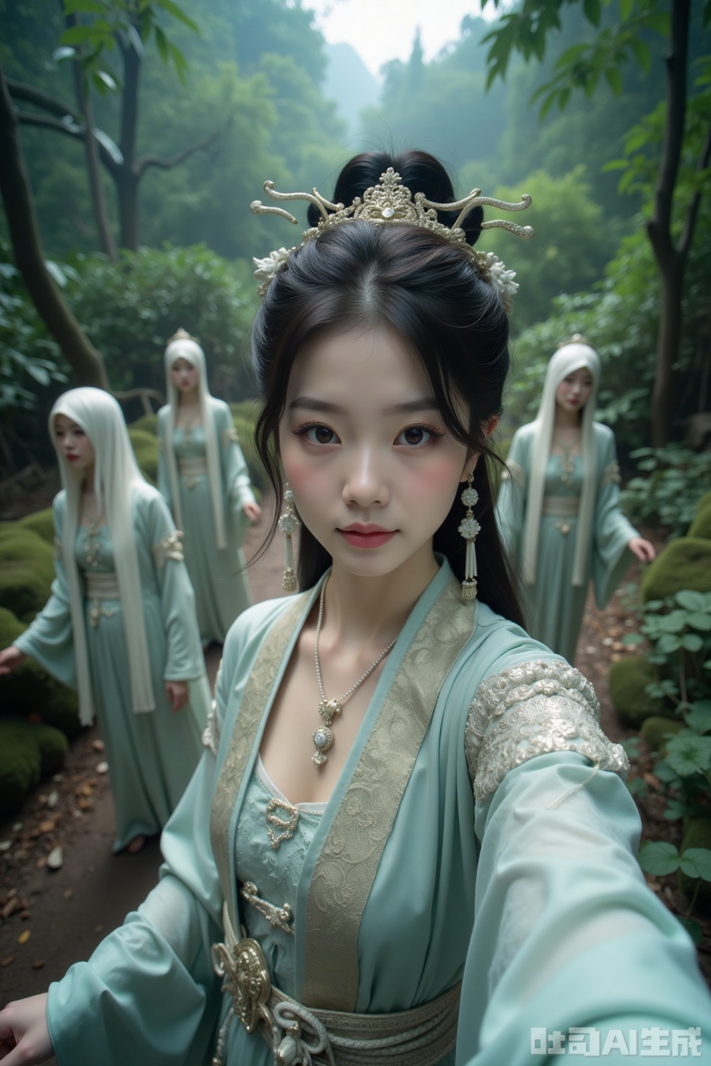 Realistic photos, a young woman with fashionable hairstyle, fair skin, headdress, earrings, necklace, Hanfu, upper body, ancient jungle, selfie perspective, behind her, 4 female ghosts, cultivating immortals, fantasy,