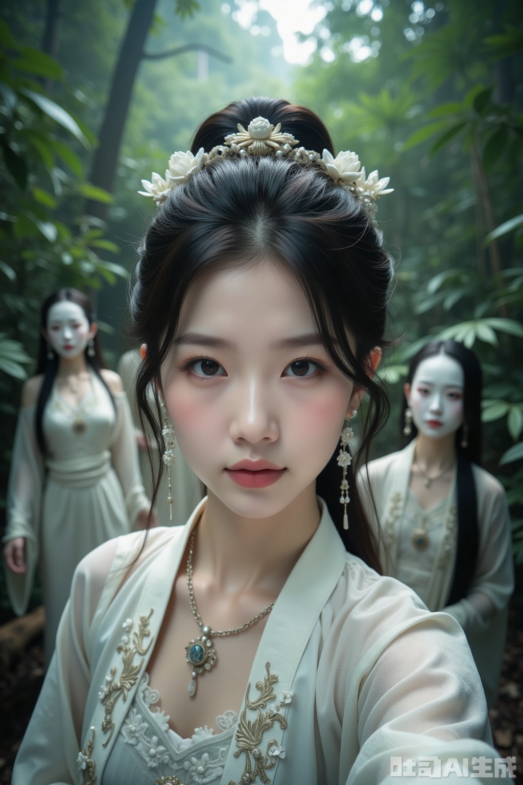 Realistic photos, a young woman with fashionable hairstyle, fair skin, headdress, earrings, necklace, Hanfu, upper body, ancient jungle, selfie perspective, behind her, 4 female ghosts, cultivating immortals, fantasy,