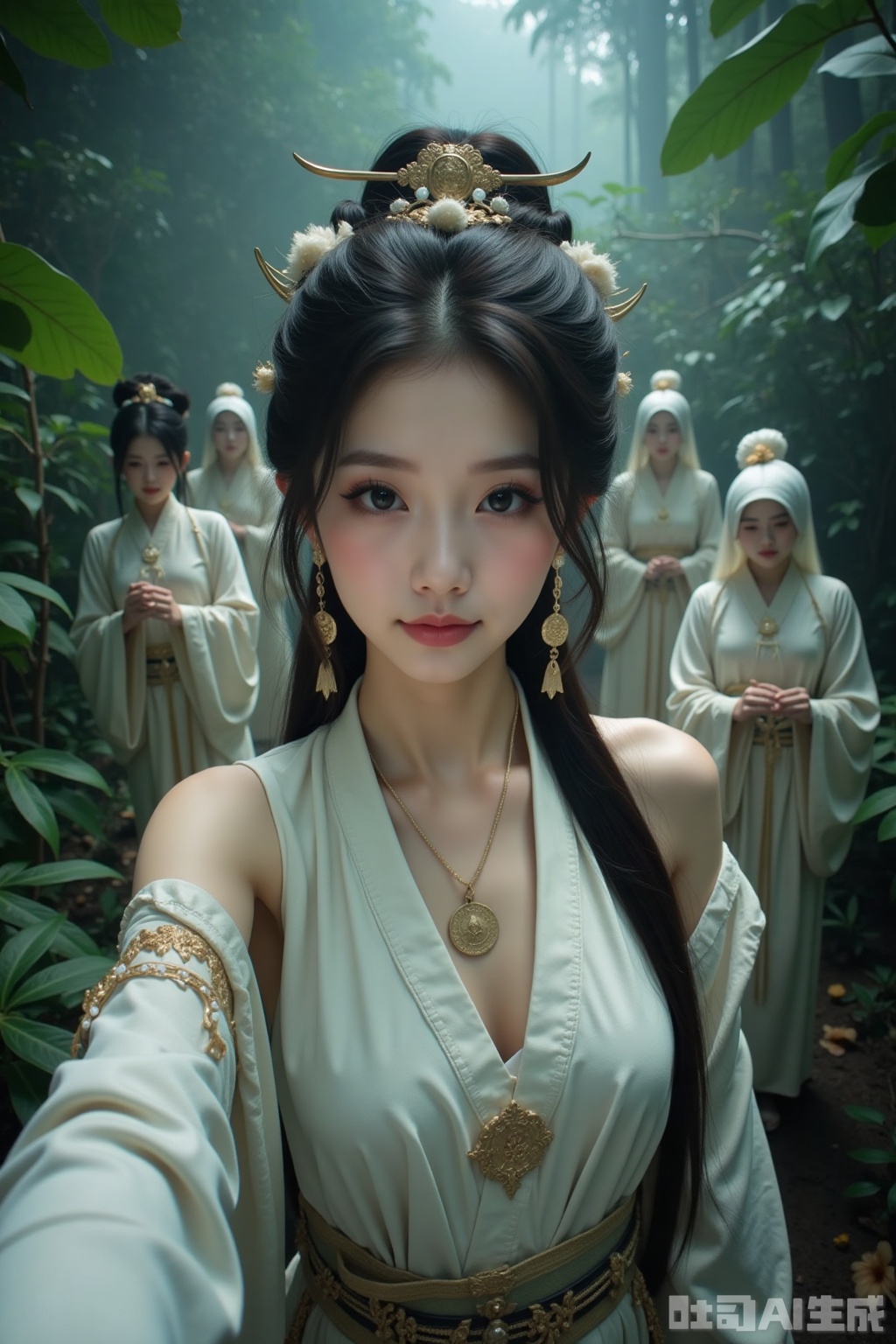 Realistic photos, a young woman with fashionable hairstyle, fair skin, headdress, earrings, necklace, Hanfu, upper body, ancient jungle, selfie perspective, behind her, 4 female ghosts, cultivating immortals, fantasy,