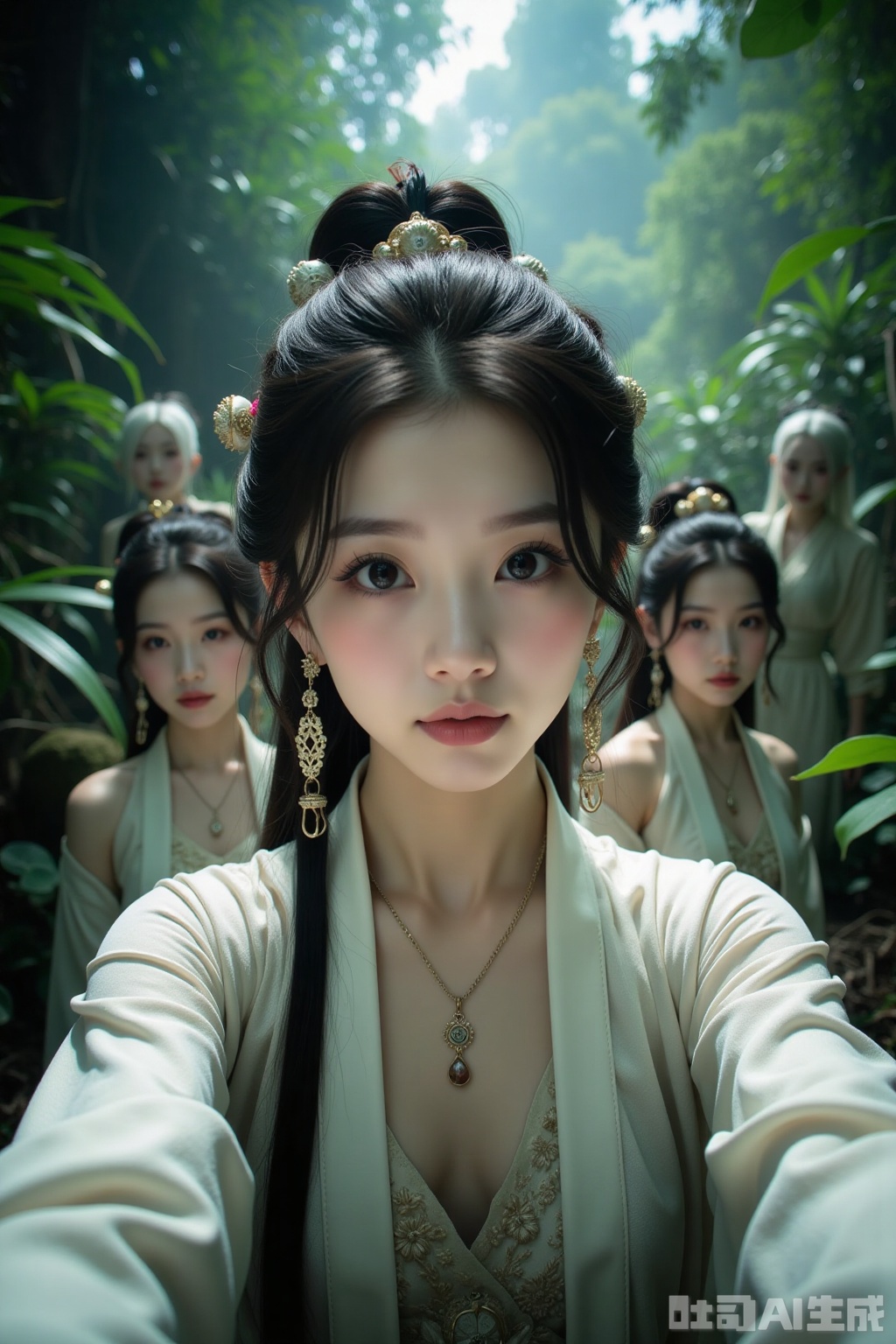 Realistic photos, a young woman with fashionable hairstyle, fair skin, headdress, earrings, necklace, Hanfu, upper body, ancient jungle, selfie perspective, behind her, 4 female ghosts, cultivating immortals, fantasy,