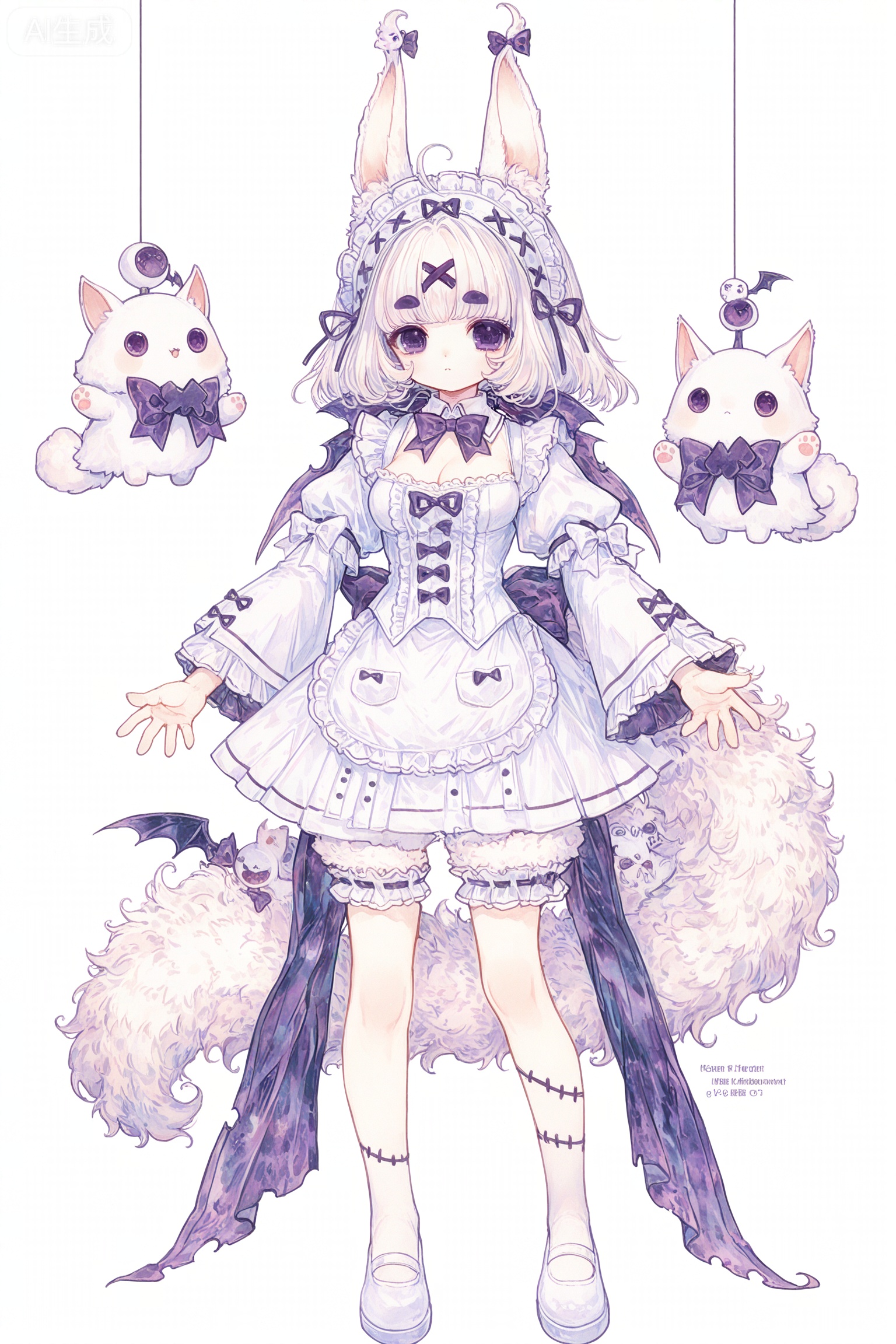 Solo, whole body,full body
watercolor：1.3,//,(imazawa:0.3),(maccha_(mochancc):0.3),(ningen_mame:0.2),(mochizuki_kei:0.2),,zoom_layer,white background
／／
1 girl, breasts, cleavage,ketone,
Stretch out your arms,open your hands,
Realistic watercolor painting, this scene is full of exquisite ink skills and soft brushstrokes. The background is simple, keeping the focus of the theme, and the subtle ink tone creates a quiet and harmonious atmosphere,
white background,monsterized full body,monster lolita,abnormal creature,mutant girl,fluffy monster fur,tentacle hair,monstrous Persian cat hybrid,Angora rabbit monster variant,gothic beast form,twisted floral appendages,lavender monster aesthetic,languid monster pose,pale monstrous skin,dreamy horror,elegant grotesque,white void background,monster with rose adornments,ghostly monster girl