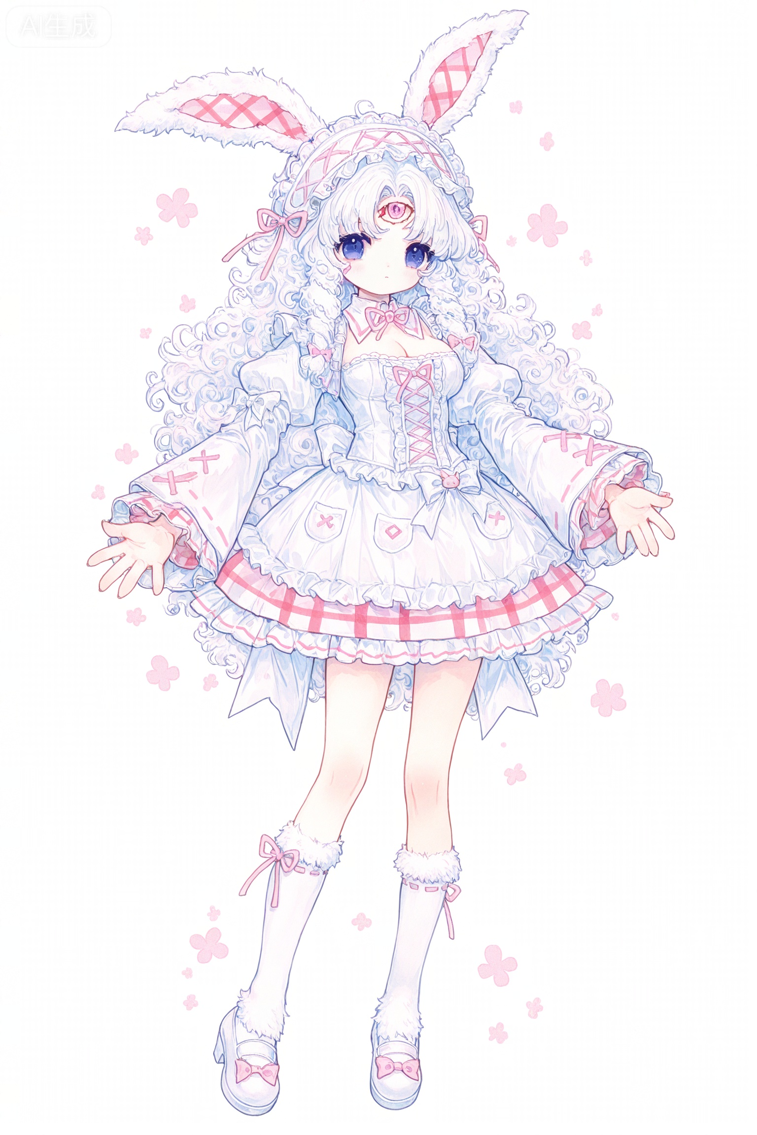 Solo, whole body,full body
watercolor：1.3,//,(imazawa:0.3),(maccha_(mochancc):0.3),(ningen_mame:0.2),(mochizuki_kei:0.2),,zoom_layer,white background
／／
1 girl, breasts, cleavage,ketone,
Stretch out your arms,open your hands,
Realistic watercolor painting, this scene is full of exquisite ink skills and soft brushstrokes. The background is simple, keeping the focus of the theme, and the subtle ink tone creates a quiet and harmonious atmosphere,
white background, full body monsterization, lop-eared rabbit monster, monster girl, pastel pink curly hair, ice blue eyes, distorted rabbit ears, tattered lolita cloak, plaid pattern, lace headband, corrupted gem decoration, bandaged monster limbs, clawed high heels, broken fabric texture, monochrome horror, ethereal monster, melancholy monster expression, fluffy monster fur, glitched rabbit features, demonic rabbit hybrid, fragile monster aesthetic