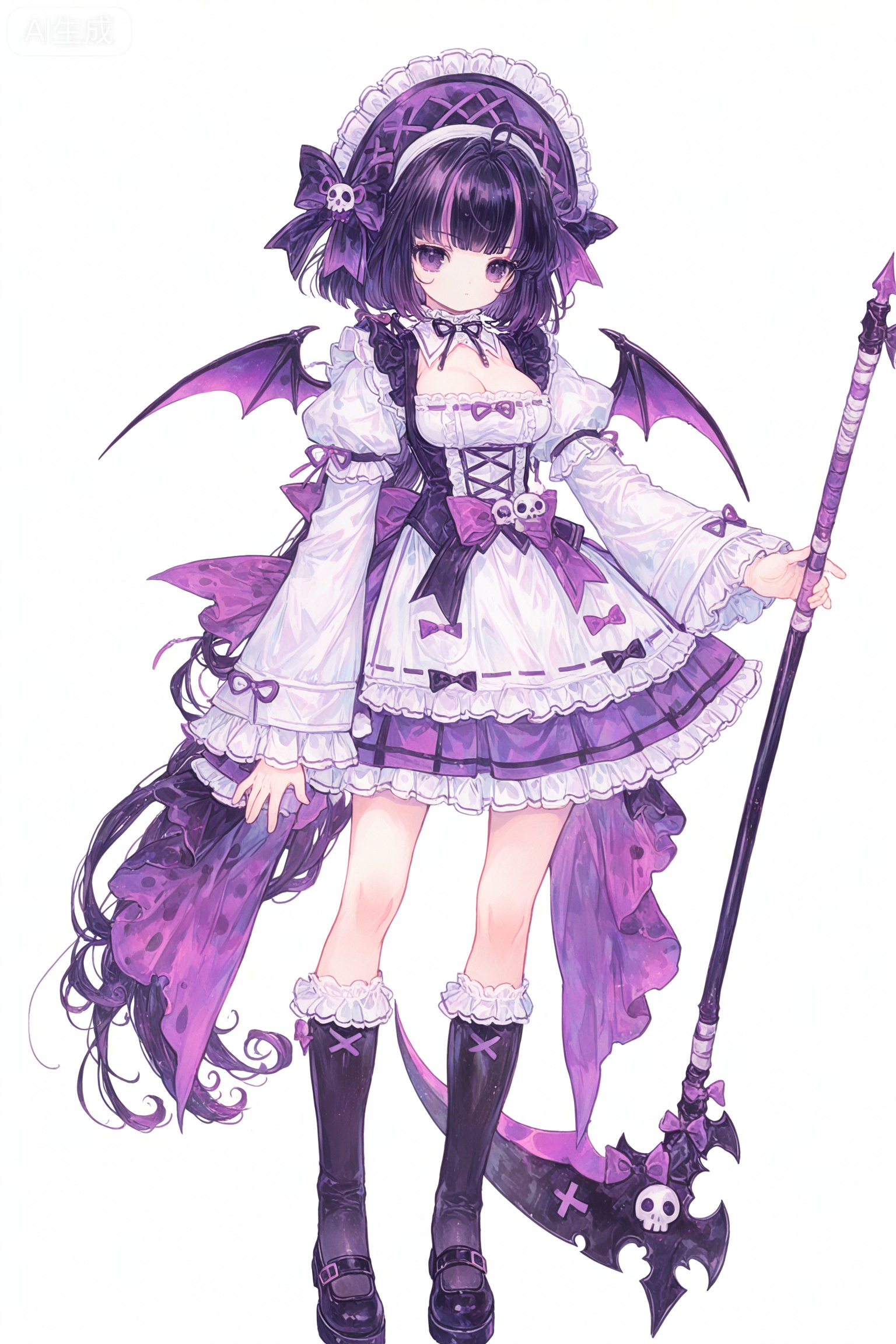 Solo, whole body,full body
watercolor：1.3,//,(imazawa:0.3),(maccha_(mochancc):0.3),(ningen_mame:0.2),(mochizuki_kei:0.2),,zoom_layer,white background
／／
1 girl, breasts, cleavage,ketone,
Stretch out your arms,open your hands,
Realistic watercolor painting, this scene is full of exquisite ink skills and soft brushstrokes. The background is simple, keeping the focus of the theme, and the subtle ink tone creates a quiet and harmonious atmosphere,
masterpiece, best quality, ultra-detailed, 1girl, fluffy pink-purple gradient hair with purple flower and skull decoration, slender purple eyes with red eyeshadow, cold and indifferent expression, gothic lolita dress with multi-layer ruffled dark purple tulle, black lace-up boots, holding a giant scythe with blood texture, pink and purple balloons beside, purple emperor butterfly wings pattern on dress, dynamic floating ribbons, white background with ink splashes, dark fantasy aesthetic, sweet and dark contrast, anime illustration, cinematic lighting