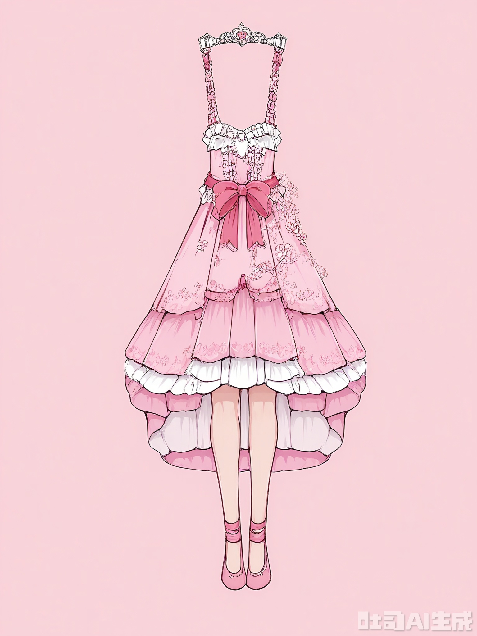 FSSJ, Digital drawing of a fantasy outfit, featuring a pale pink dress with tulle skirt and a fitted bodice, paired with white lace gloves and pink ballet flats. The dress has a ribbon sash tied at the waist, and a small tiara on the head. The outfit has a princess, fairy-tale style with soft and feminine colors. The background is plain white. The drawing is detailed and stylized, with a focus on texture and intricate design elements.

