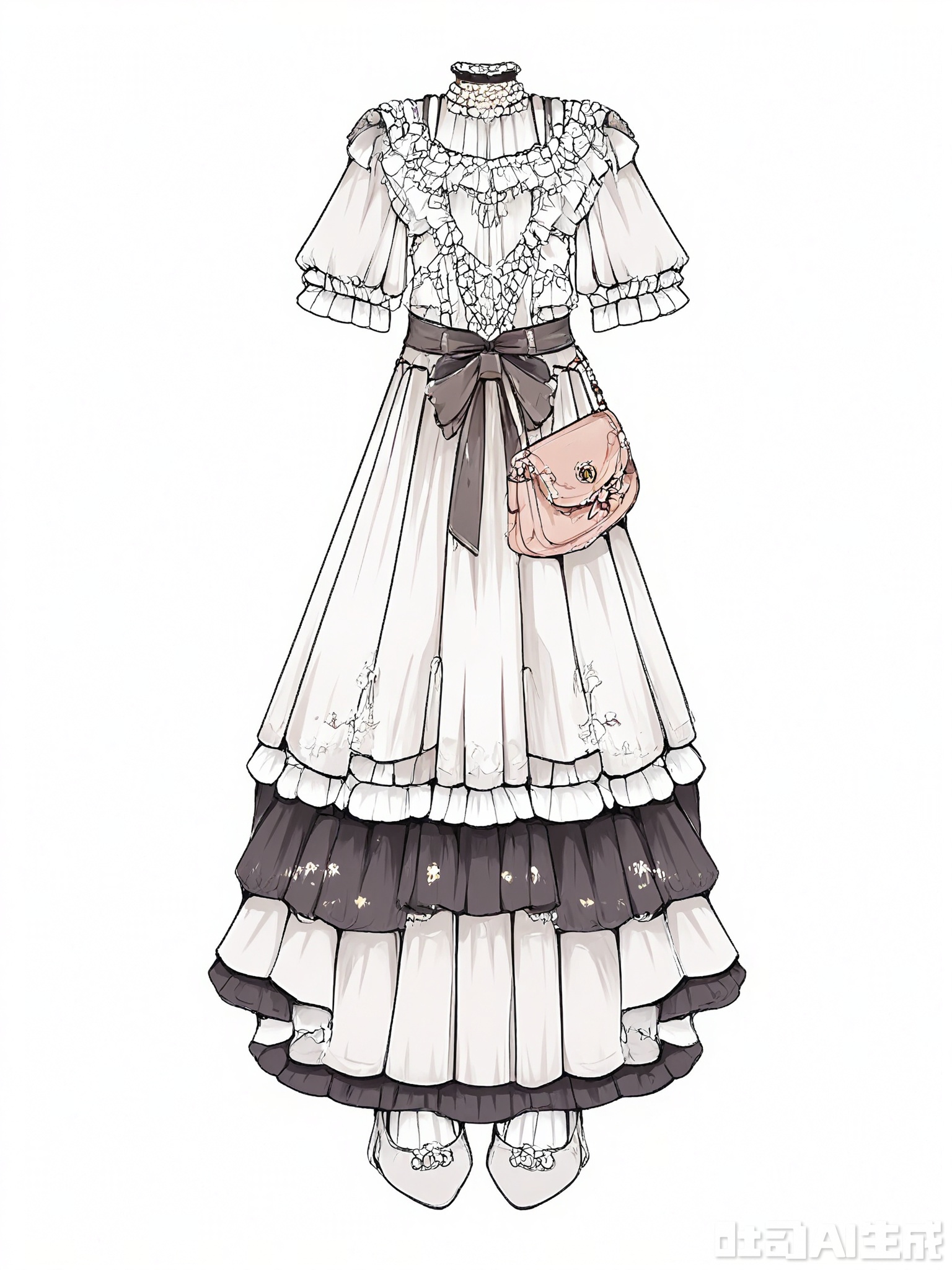 FSSJ, Digital drawing of a fantasy outfit, featuring a white lace dress with a sweetheart neckline and a full skirt, paired with silver high-heeled shoes and a pearl necklace. The dress has a satin sash tied at the waist, and a small clutch purse. The outfit has a bridal, fantasy style with pure and elegant colors. The background is plain white. The drawing is detailed and stylized, with a focus on texture and intricate design elements.

