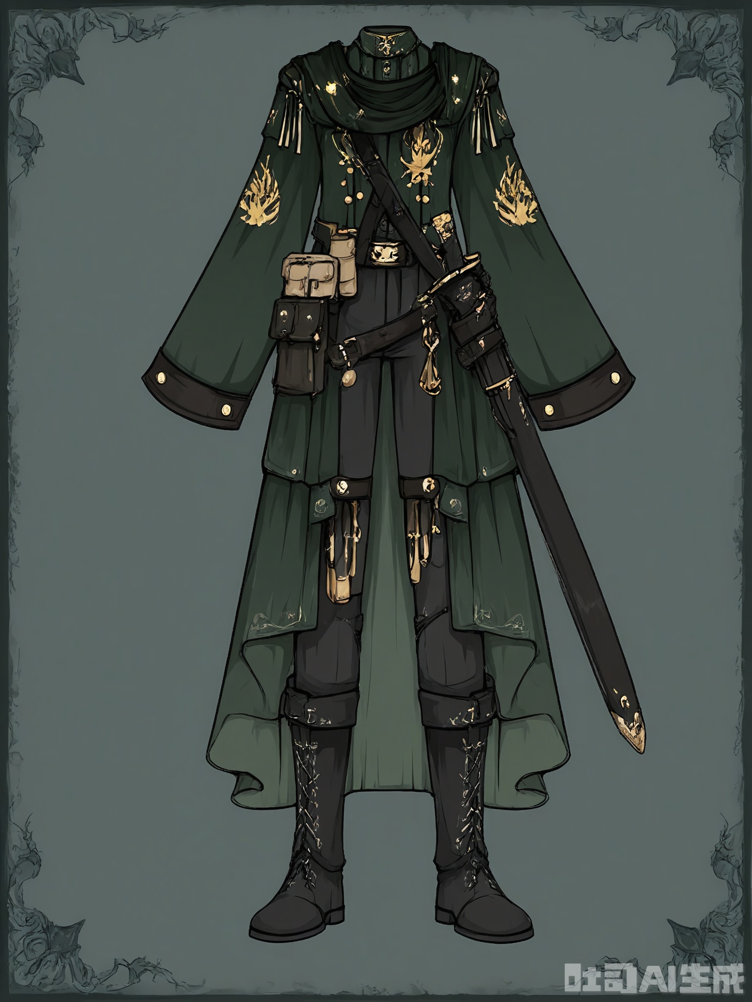 FSSJ, Digital drawing of a fantasy outfit, featuring a dark green duster coat with brass buttons and a wide collar, paired with black leather pants and knee-high boots. The coat has a belt with pouches, and a sword sheath hanging at the hip. The outfit has a western, outlaw style with dark and rugged colors. The background is plain white. The drawing is detailed and stylized, with a focus on texture and intricate design elements.


