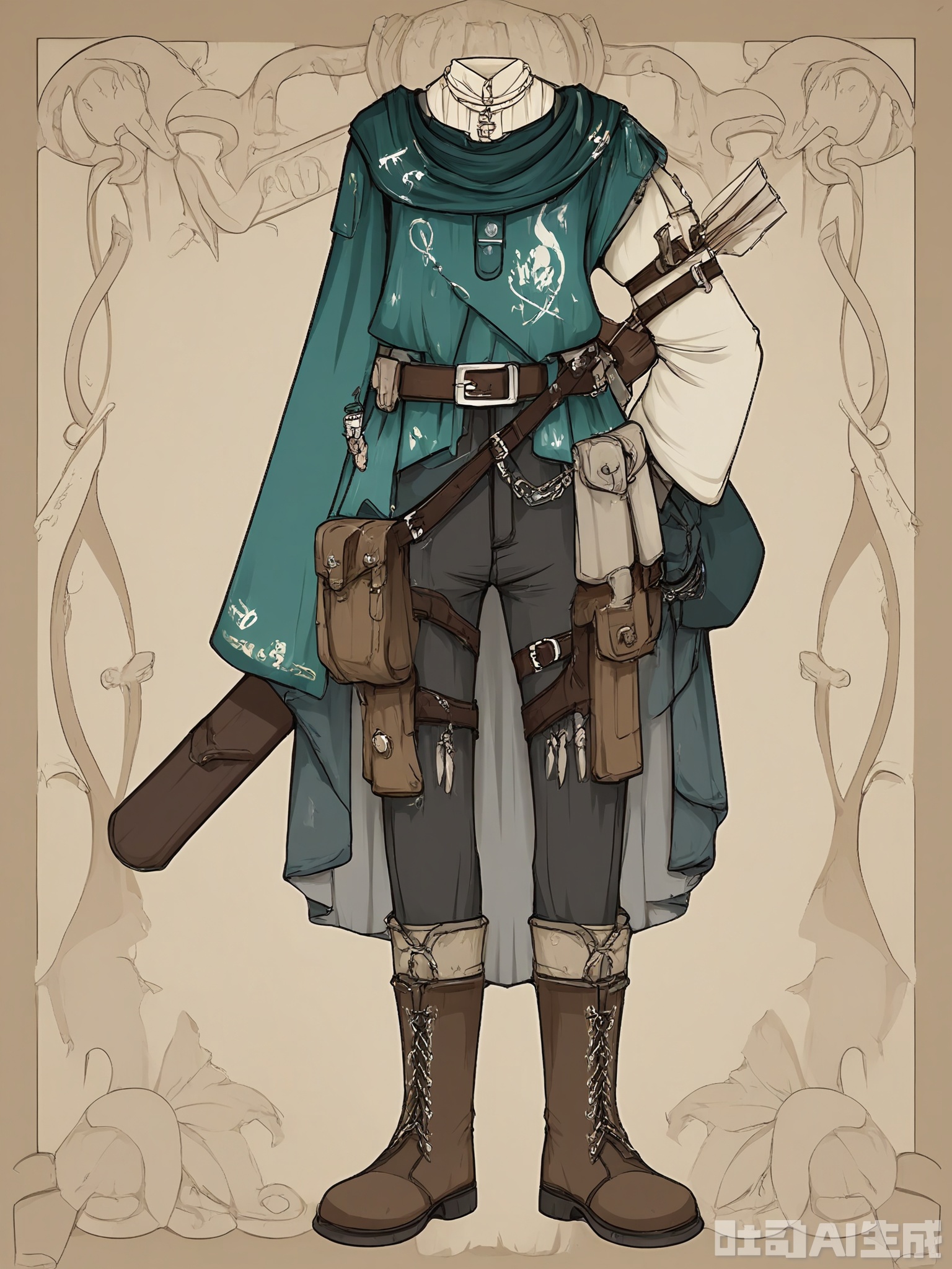 FSSJ, Digital drawing of a fantasy outfit, featuring a teal tunic with silver thread embroidery and a round neck, paired with brown leather pants and boots. The tunic has a leather belt with a pouch, and a quiver of arrows on the back. The outfit has a hunter, woodland style with cool and earthy tones. The background is plain white. The drawing is detailed and stylized, with a focus on texture and intricate design elements.


