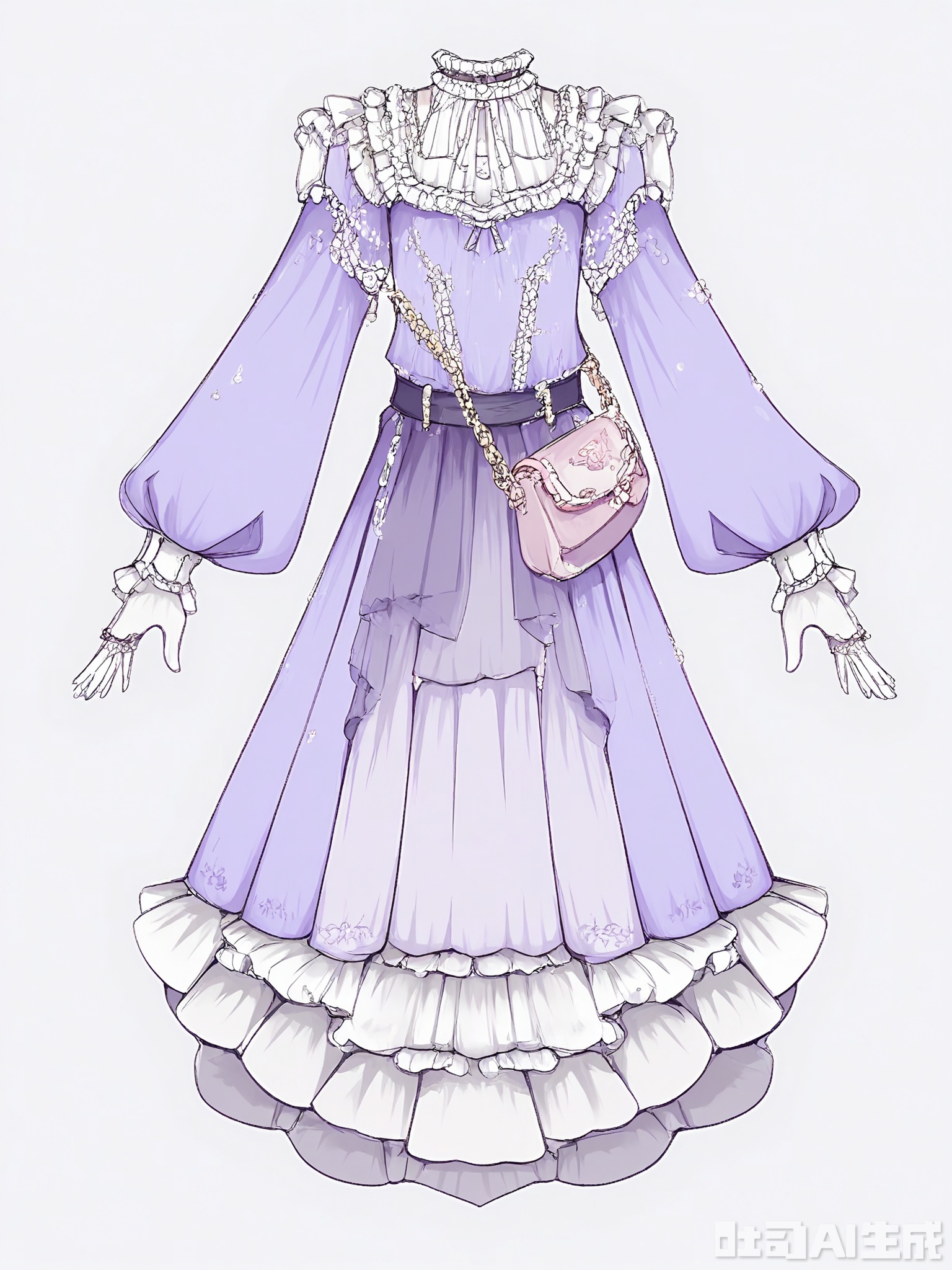 FSSJ, Digital drawing of a fantasy outfit, featuring a lavender gown with pearl embroidery and a sweetheart neckline, layered over a silk underdress with lace sleeves. The gown has a satin sash tied at the waist, and a small purse hanging from a chain. The outfit has an elegant, fairy-tale style with soft pastel and shiny tones. The background is plain white. The drawing is detailed and stylized, with a focus on texture and intricate design elements.

