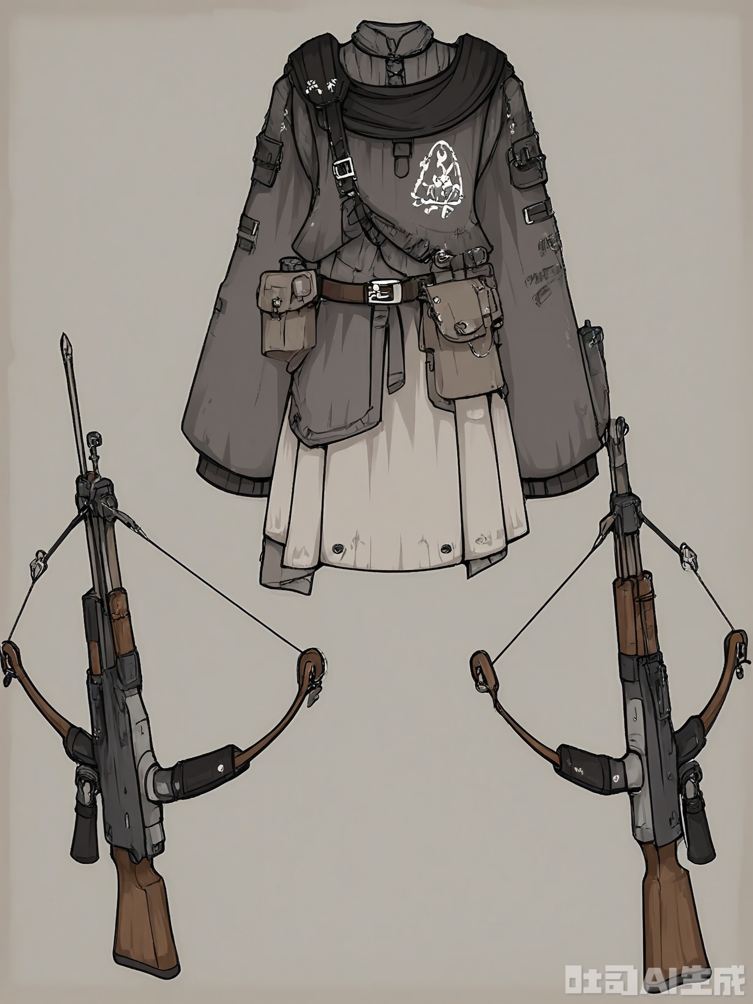 FSSJ, Digital drawing of a fantasy outfit, featuring a silver mail coif with a black leather hood, worn over a gray wool tunic with leather patches. The tunic has a brown leather belt with a pouch, and a crossbow strapped to the back. The outfit has a rugged, mercenary style with a mix of metallic and muted tones. The background is plain white. The drawing is detailed and stylized, with a focus on texture and intricate design elements.

