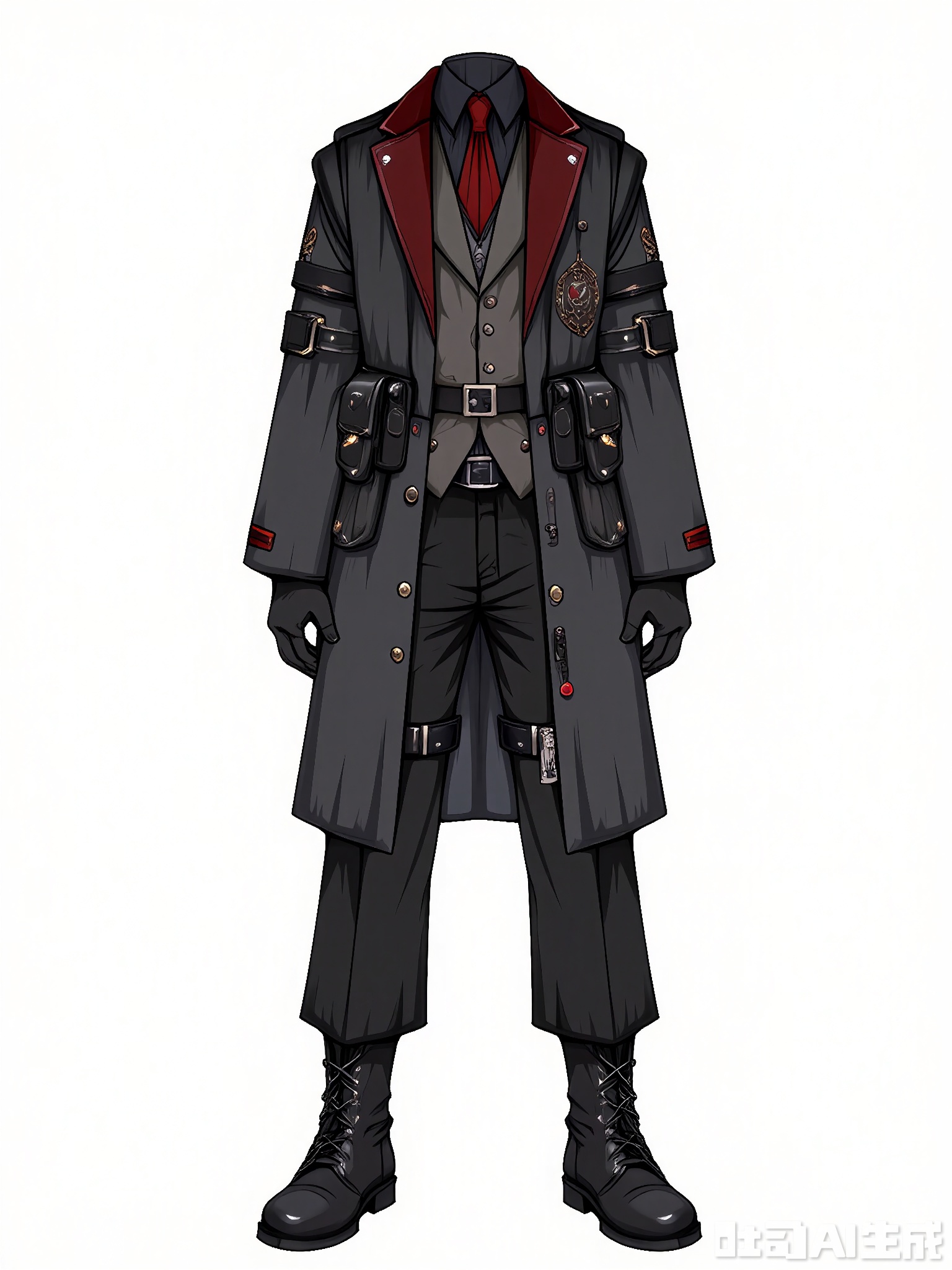 FSSJ, Digital drawing of a fantasy outfit, featuring a charcoal gray trench coat with red lining and a high collar, paired with black leather pants and combat boots. The coat has a belt with pouches, and a holster with a pistol on the thigh. The outfit has a steampunk, action-hero style with dark and bold colors. The background is plain white. The drawing is detailed and stylized, with a focus on texture and intricate design elements.
