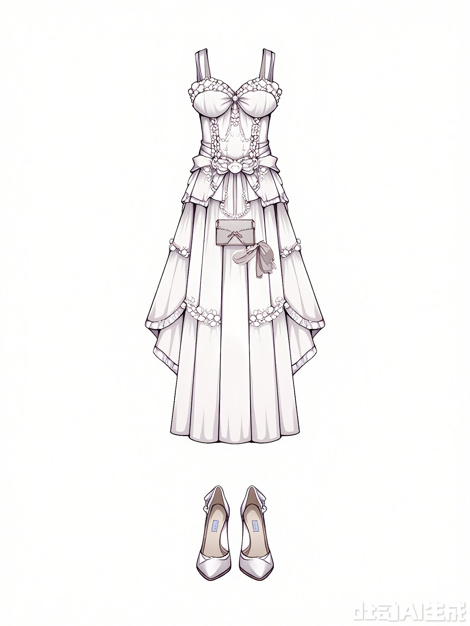 FSSJ, Digital drawing of a fantasy outfit, featuring a white lace dress with a sweetheart neckline and a full skirt, paired with silver high-heeled shoes and a pearl necklace. The dress has a satin sash tied at the waist, and a small clutch purse. The outfit has a bridal, fantasy style with pure and elegant colors. The background is plain white. The drawing is detailed and stylized, with a focus on texture and intricate design elements.
